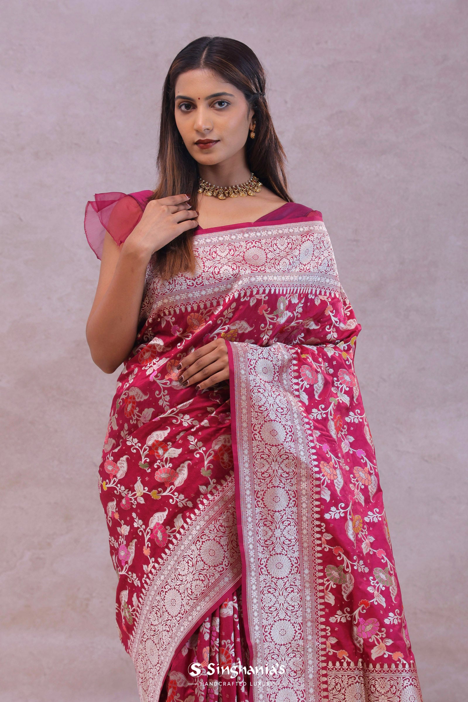 Maroon Banarasi Silk Saree With Jamdani And Meenakari Design