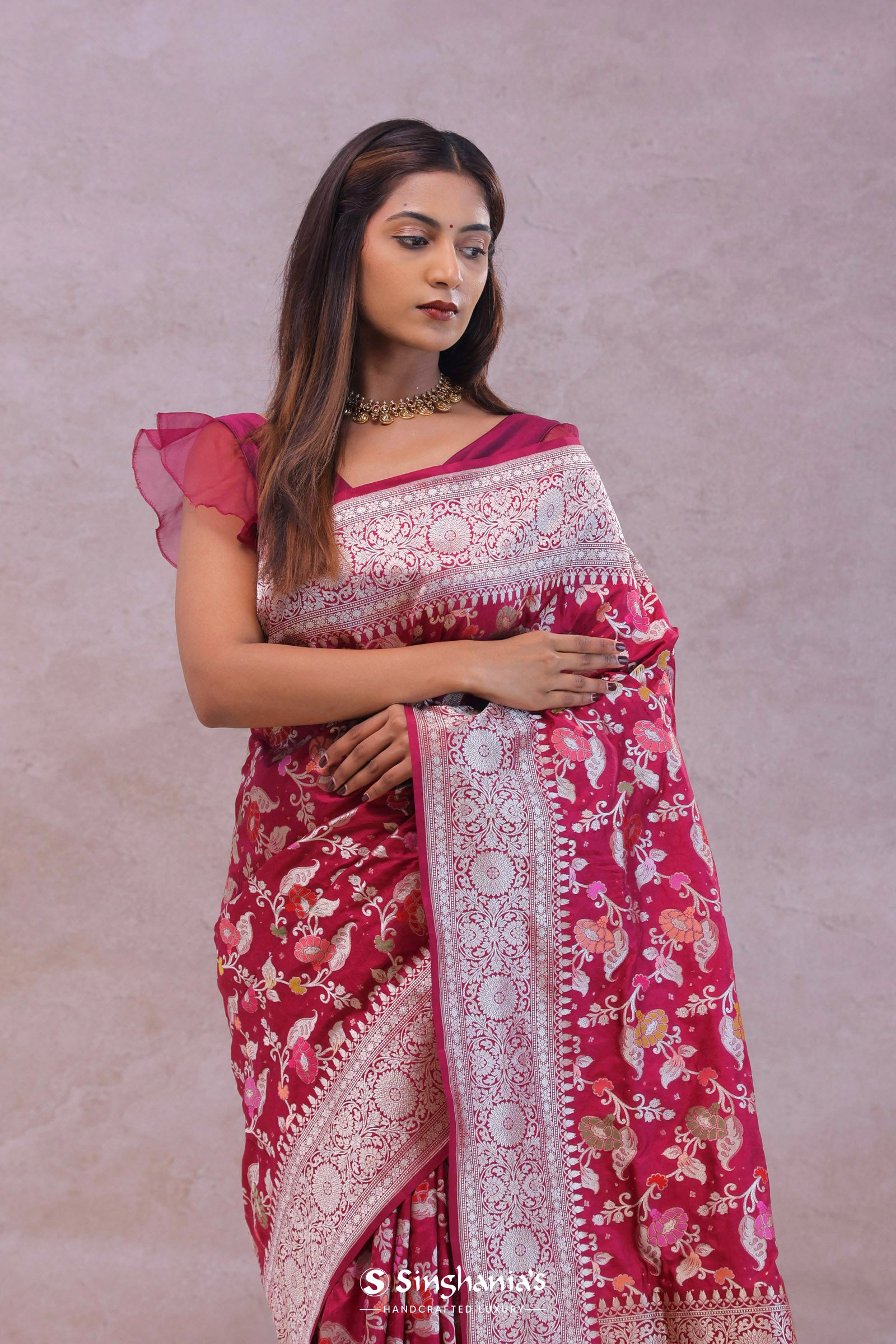 Maroon Banarasi Silk Saree With Jamdani And Meenakari Design