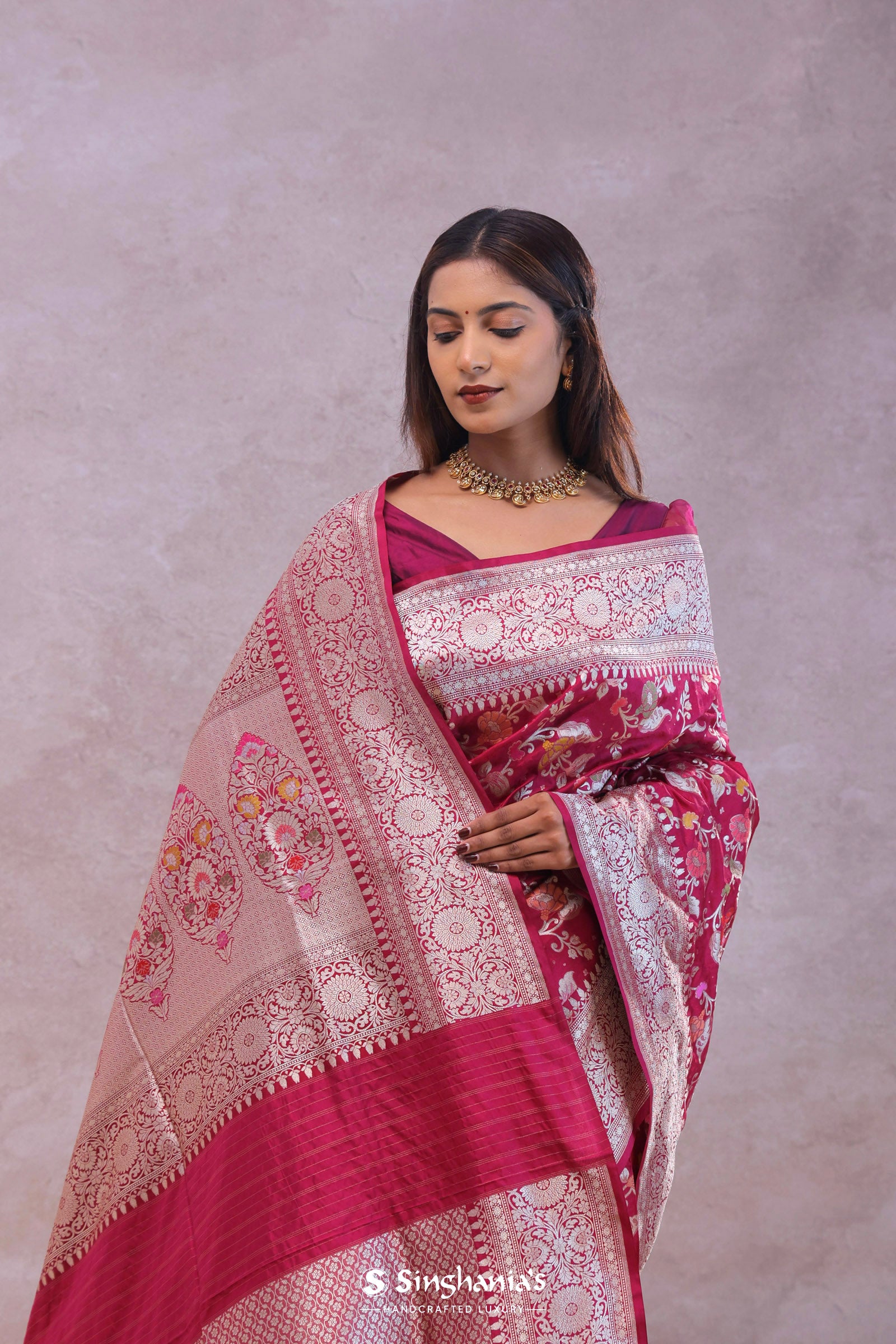 Maroon Banarasi Silk Saree With Jamdani And Meenakari Design