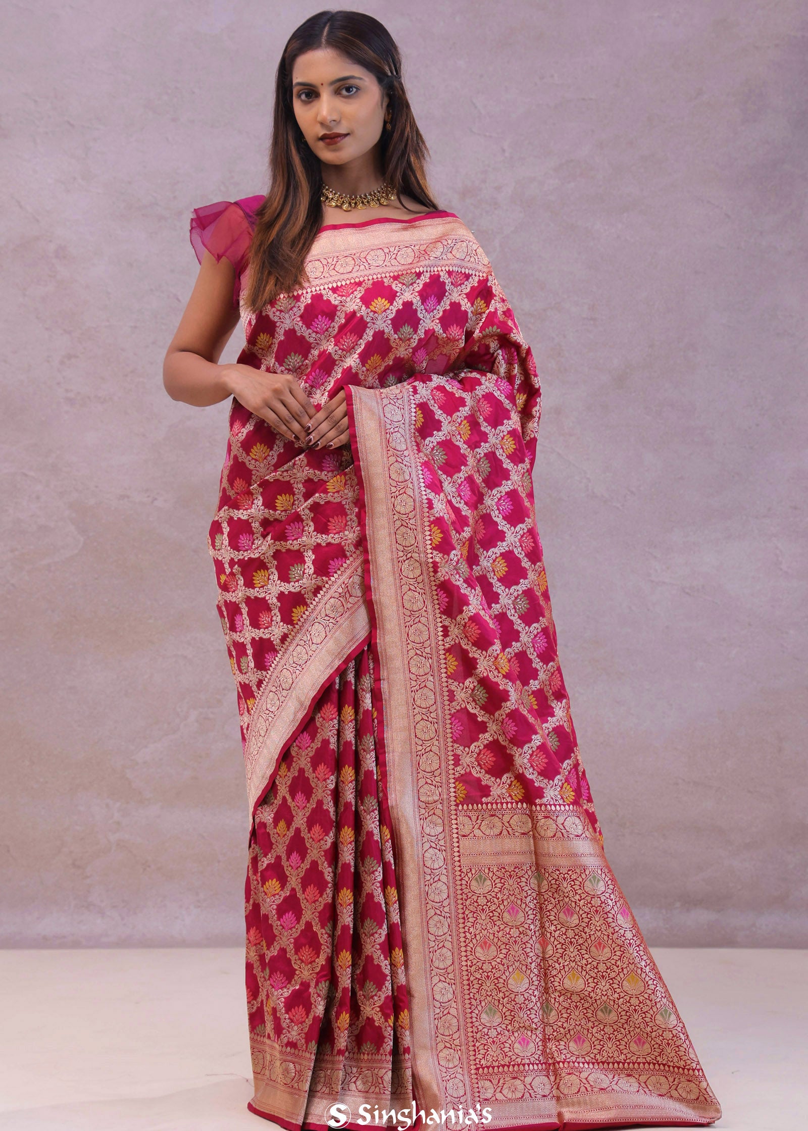 Maroon Banarasi Silk Saree With Meenakari Design