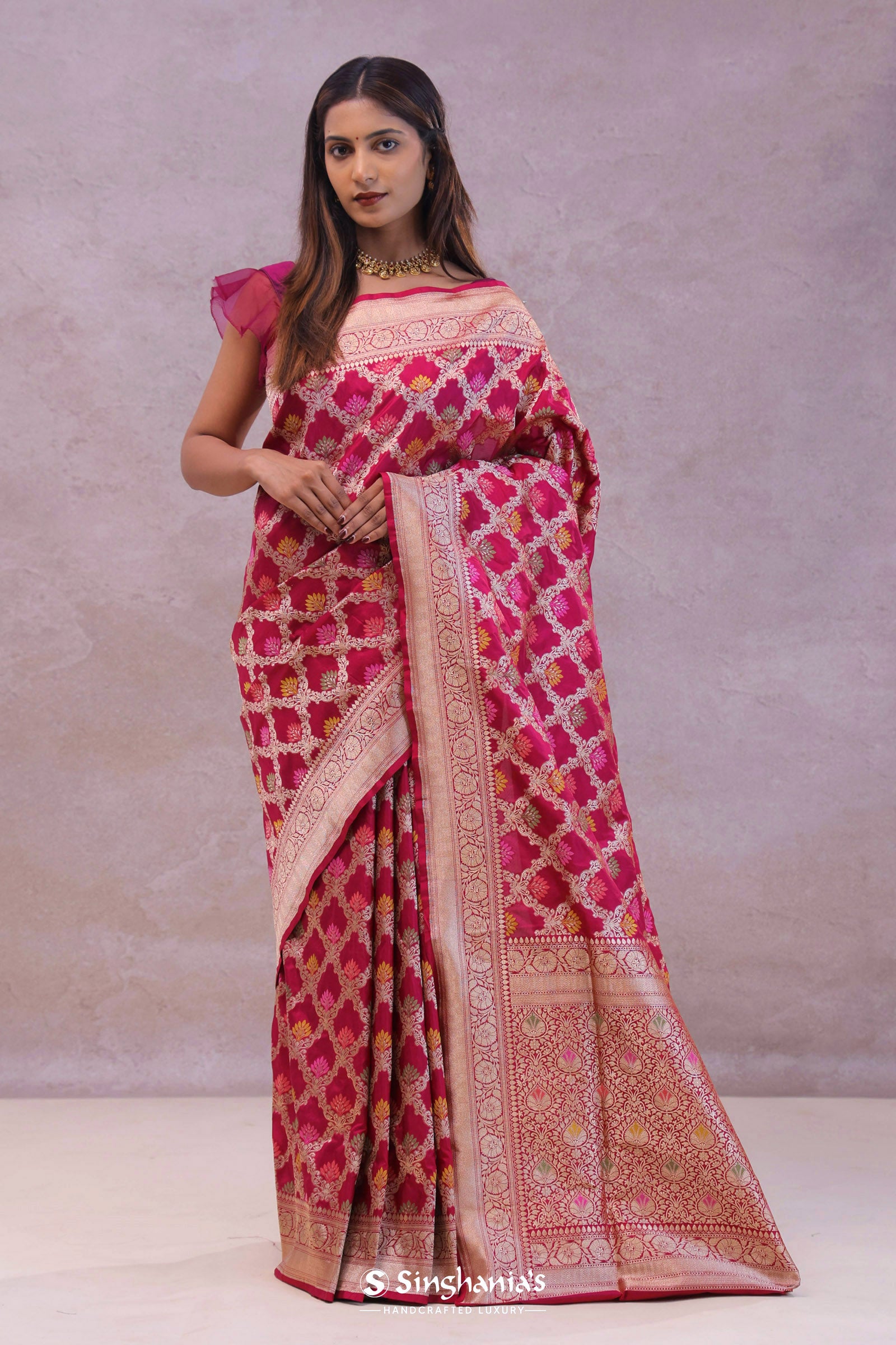 Maroon Banarasi Silk Saree With Meenakari Design