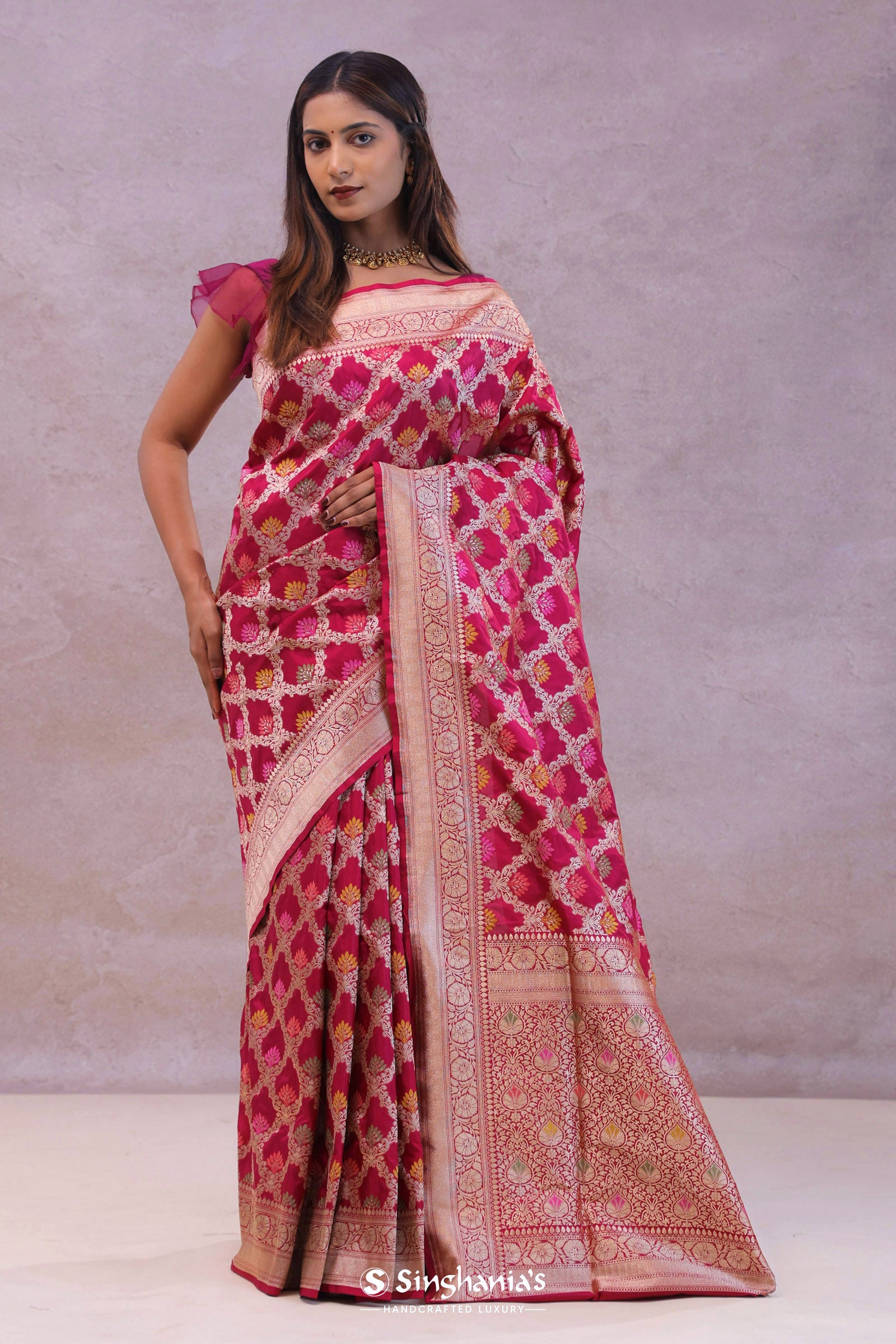 Maroon Banarasi Silk Saree With Meenakari Design