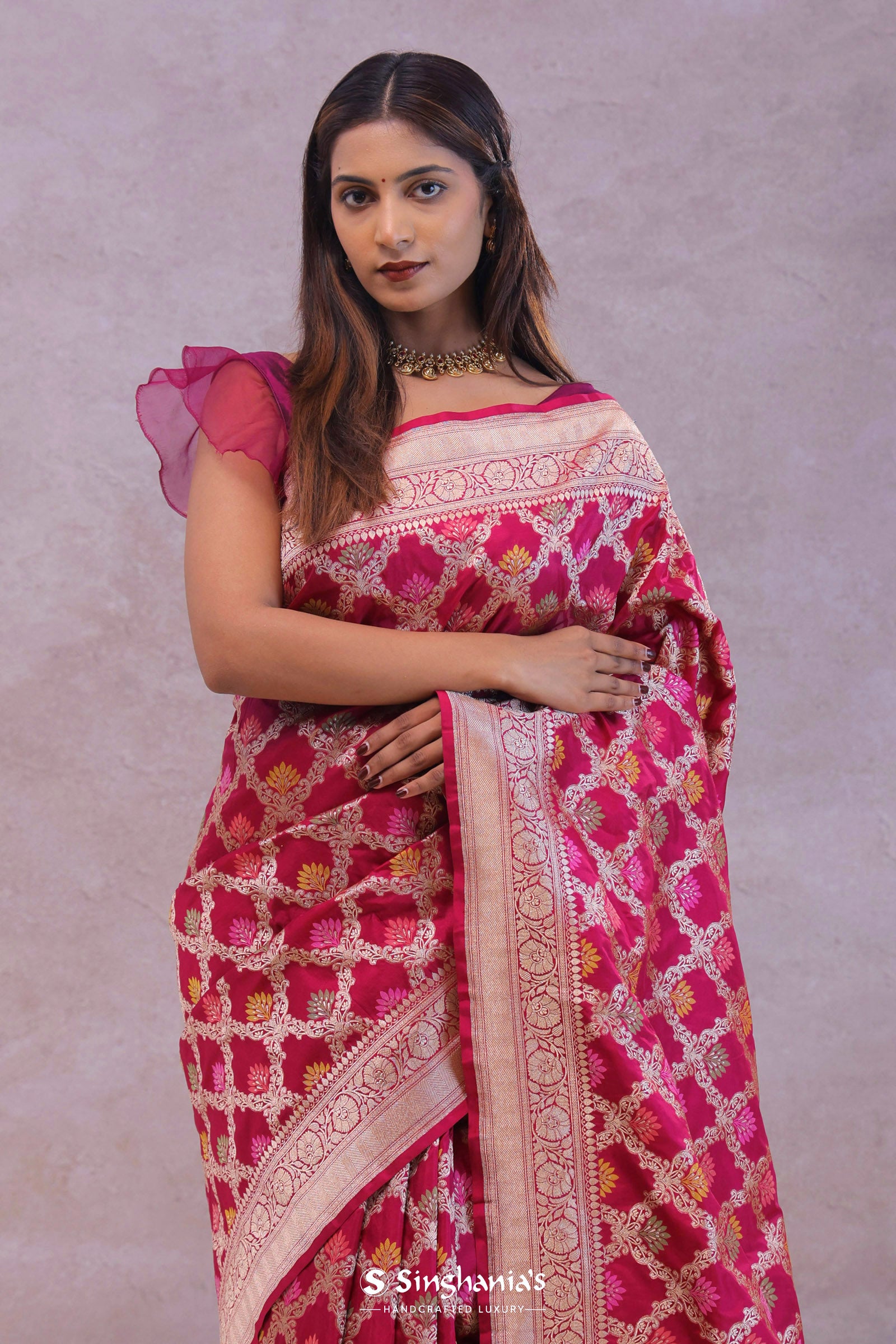 Maroon Banarasi Silk Saree With Meenakari Design