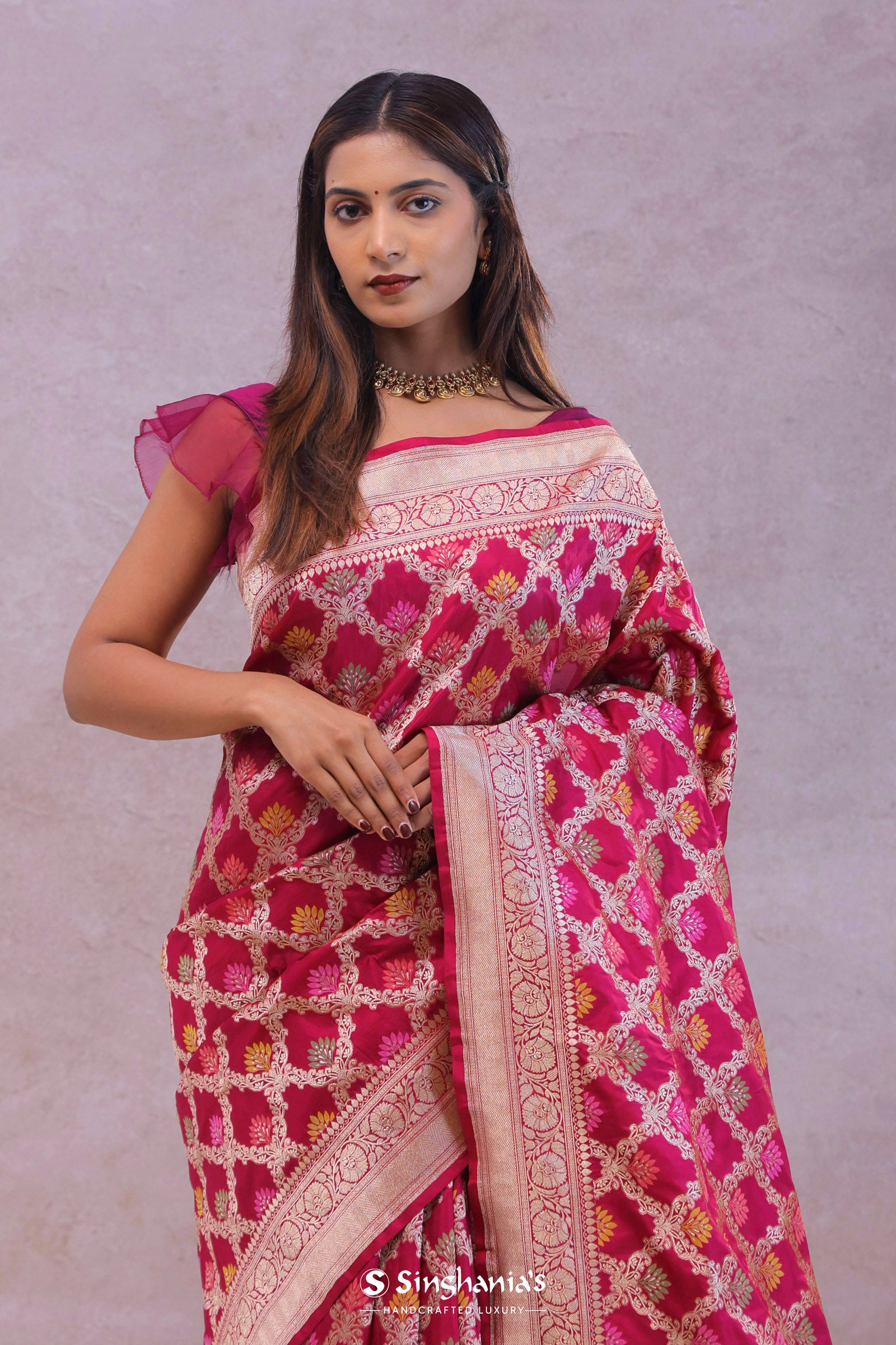 Maroon Banarasi Silk Saree With Meenakari Design