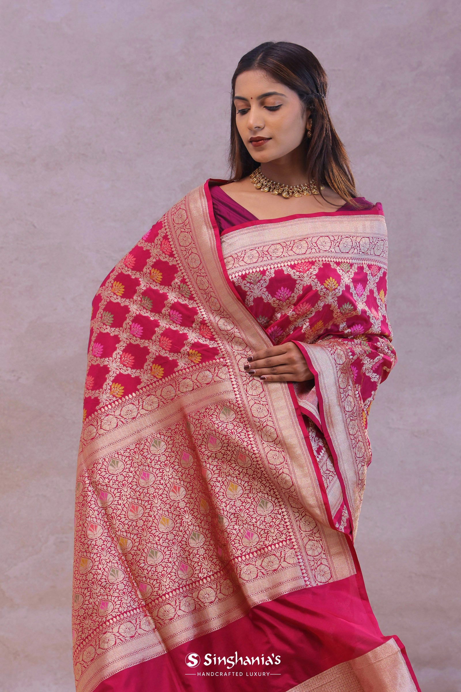 Maroon Banarasi Silk Saree With Meenakari Design