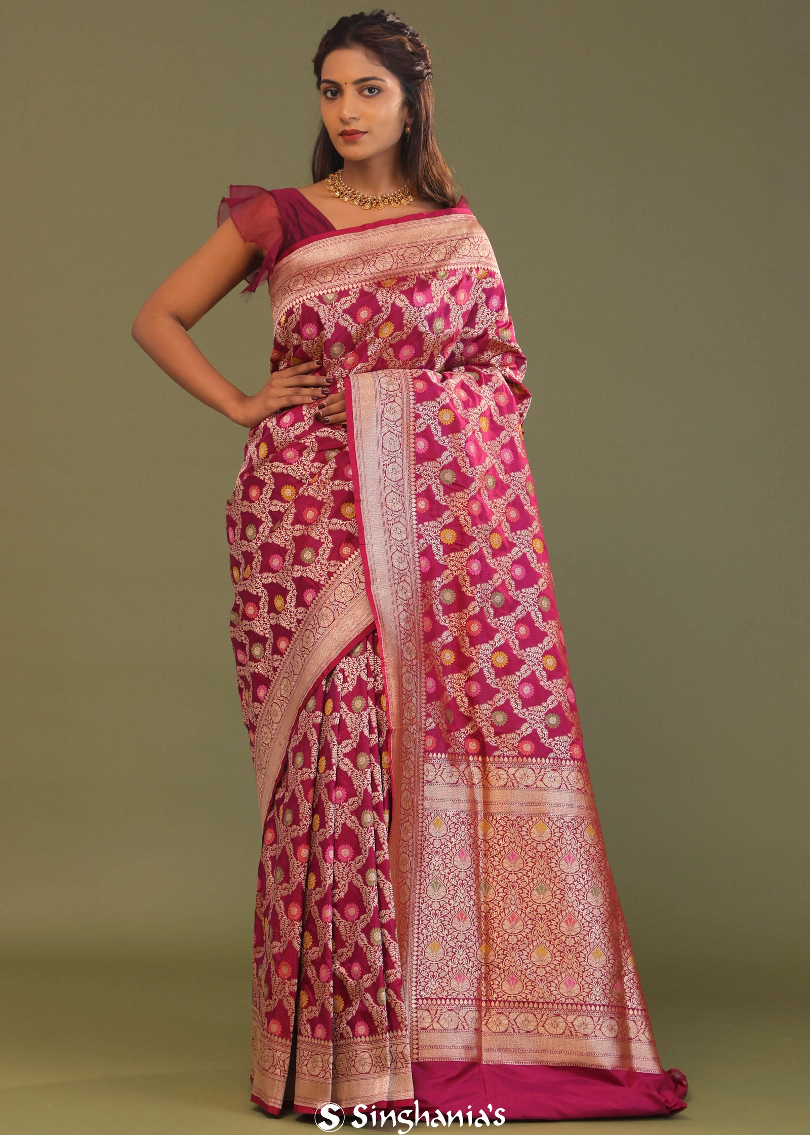 Maroon Banarasi Saree With Jaal And Meenakari Design