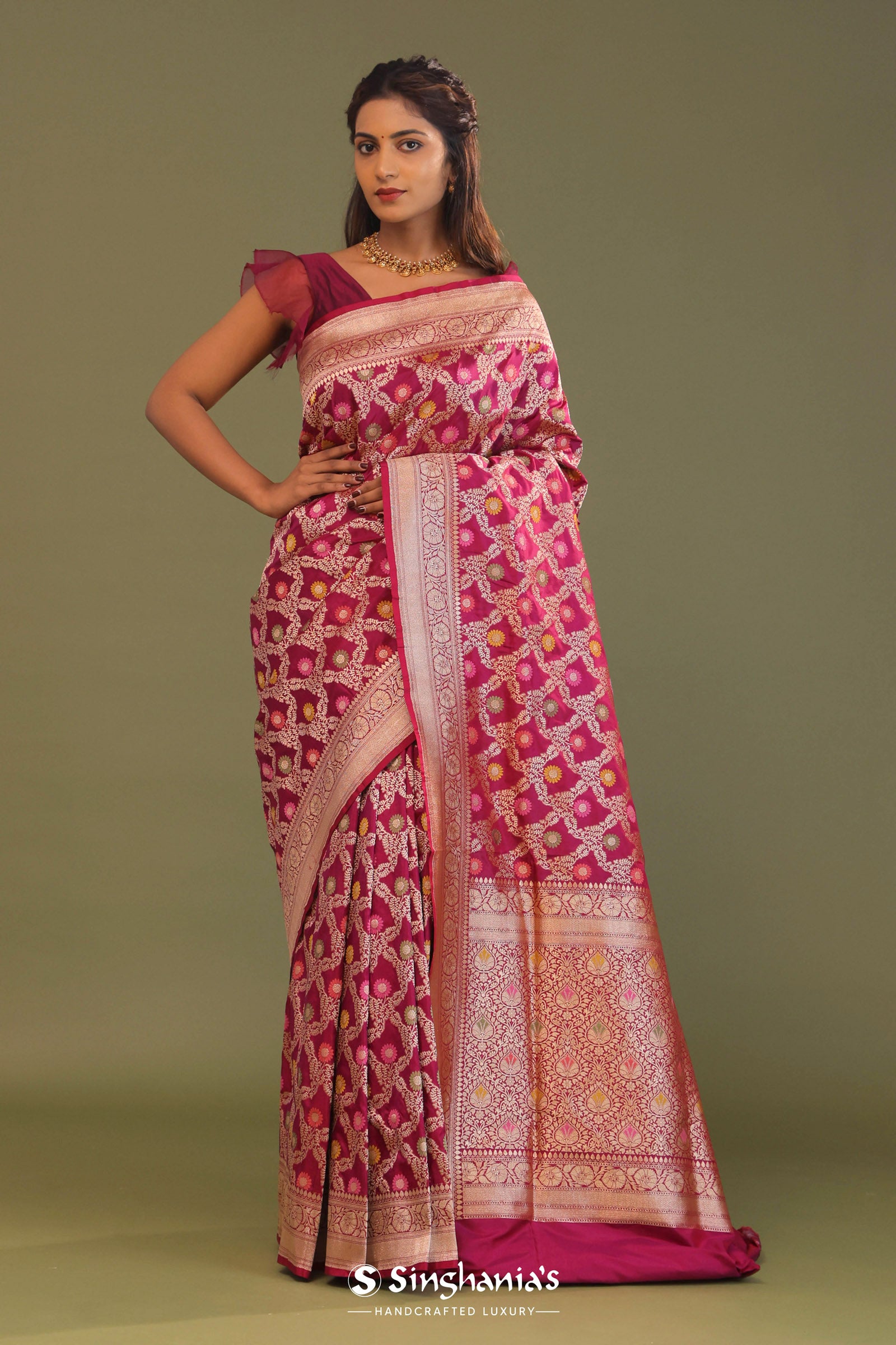 Maroon Banarasi Saree With Jaal And Meenakari Design