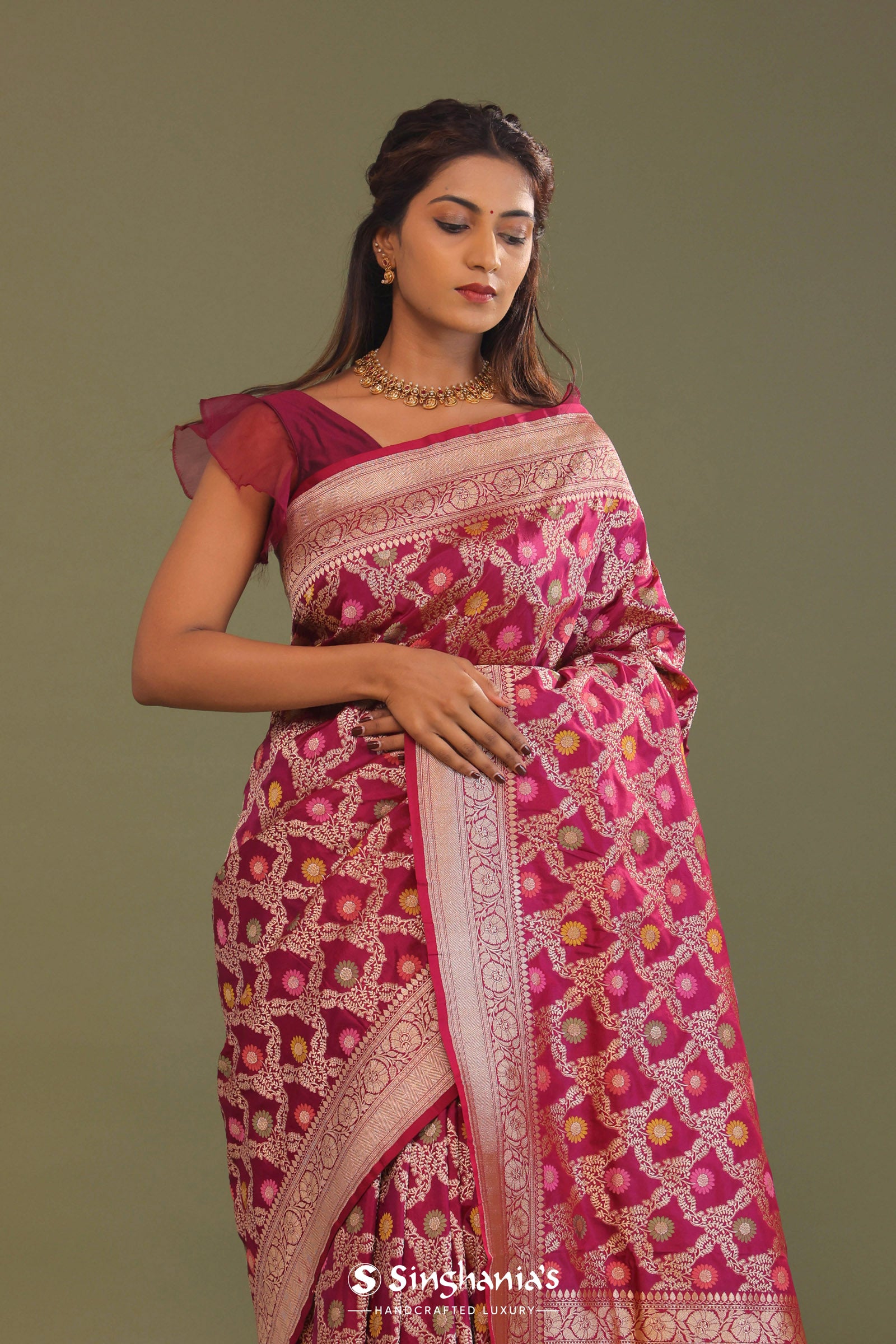 Maroon Banarasi Saree With Jaal And Meenakari Design