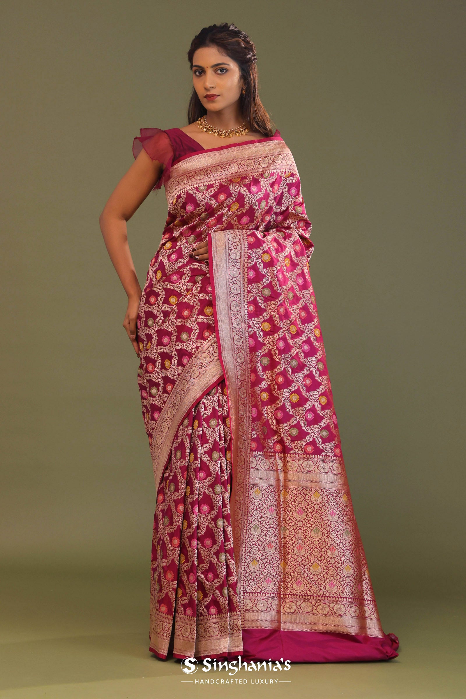 Maroon Banarasi Saree With Jaal And Meenakari Design