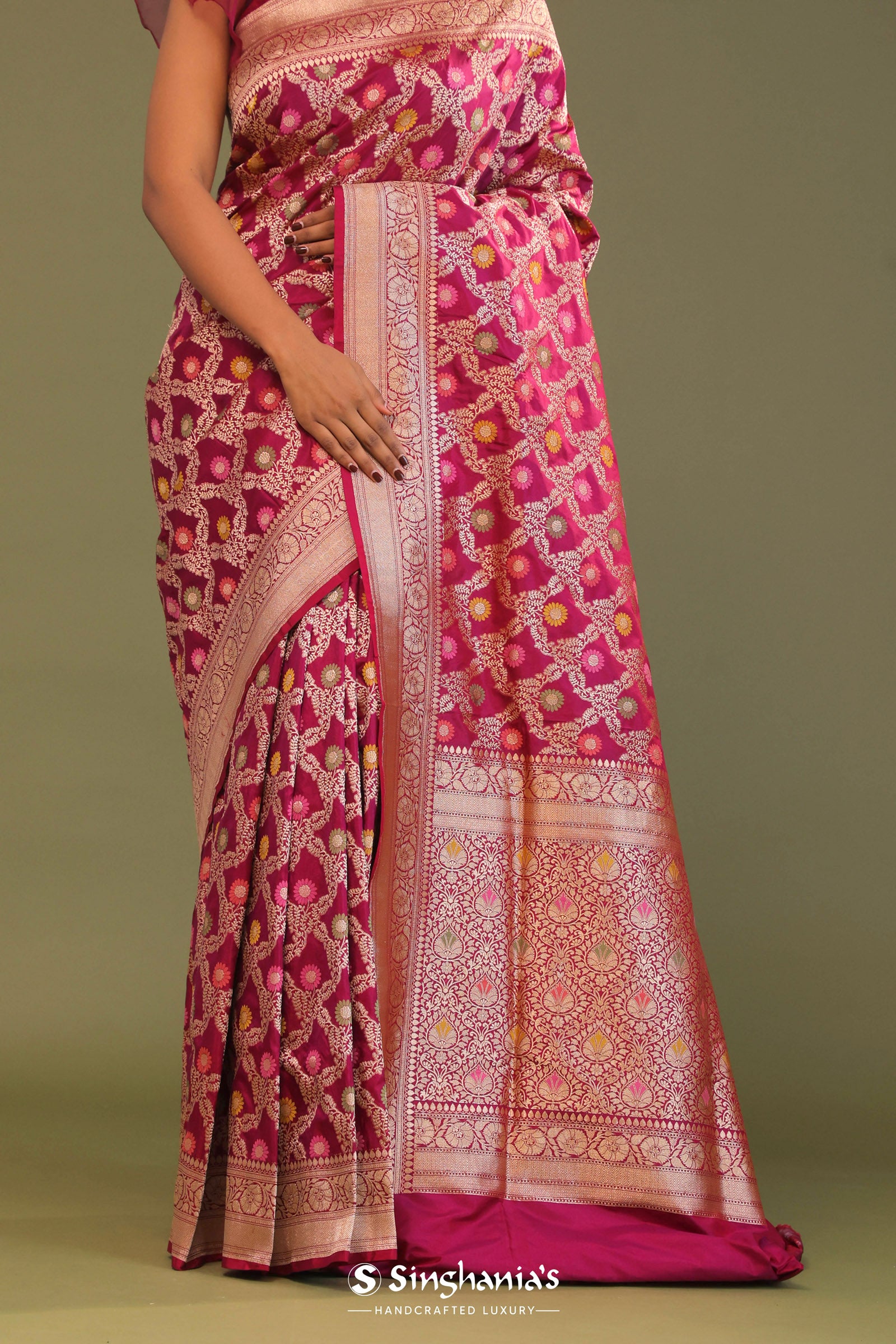 Maroon Banarasi Saree With Jaal And Meenakari Design