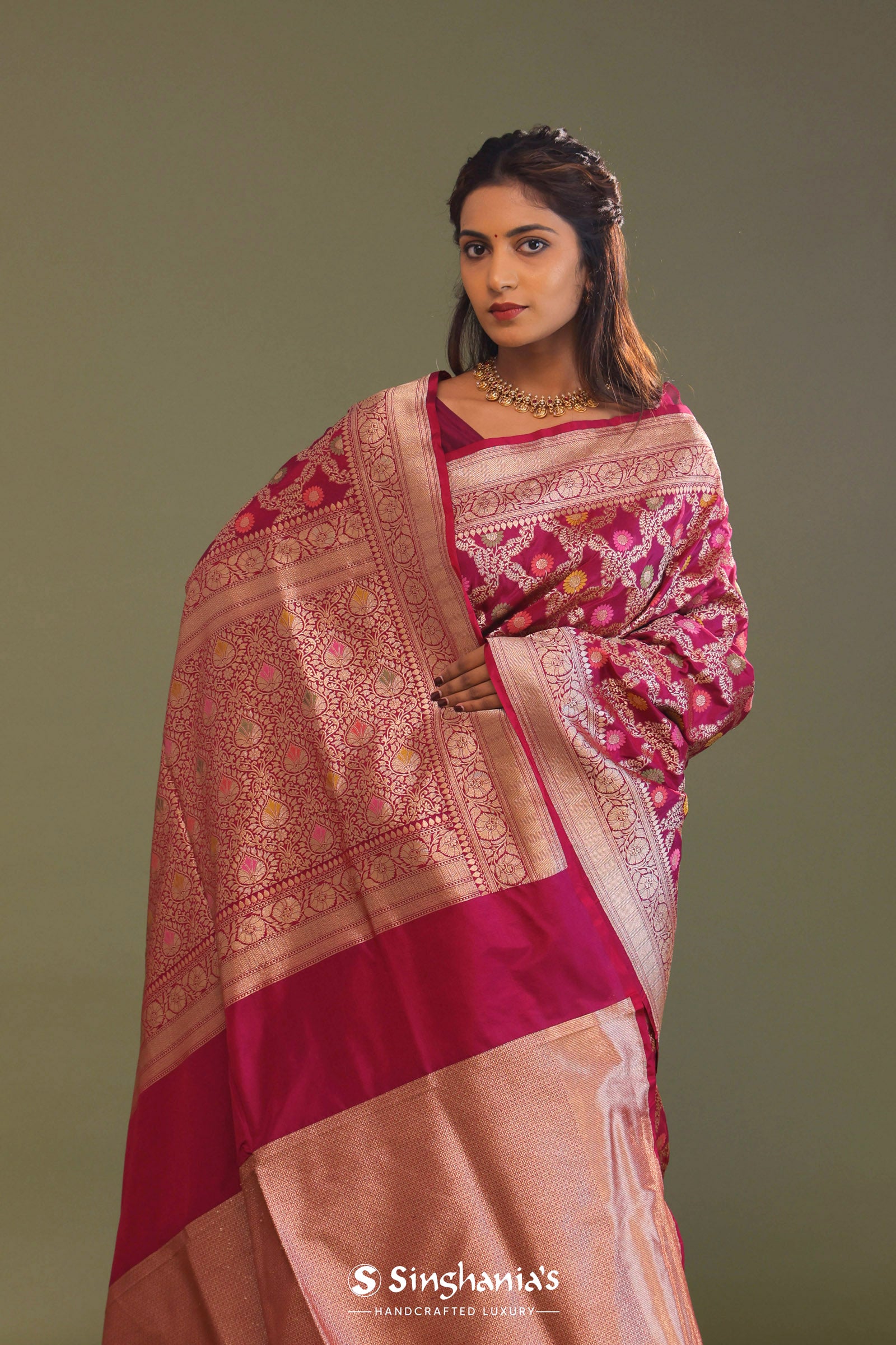 Maroon Banarasi Saree With Jaal And Meenakari Design
