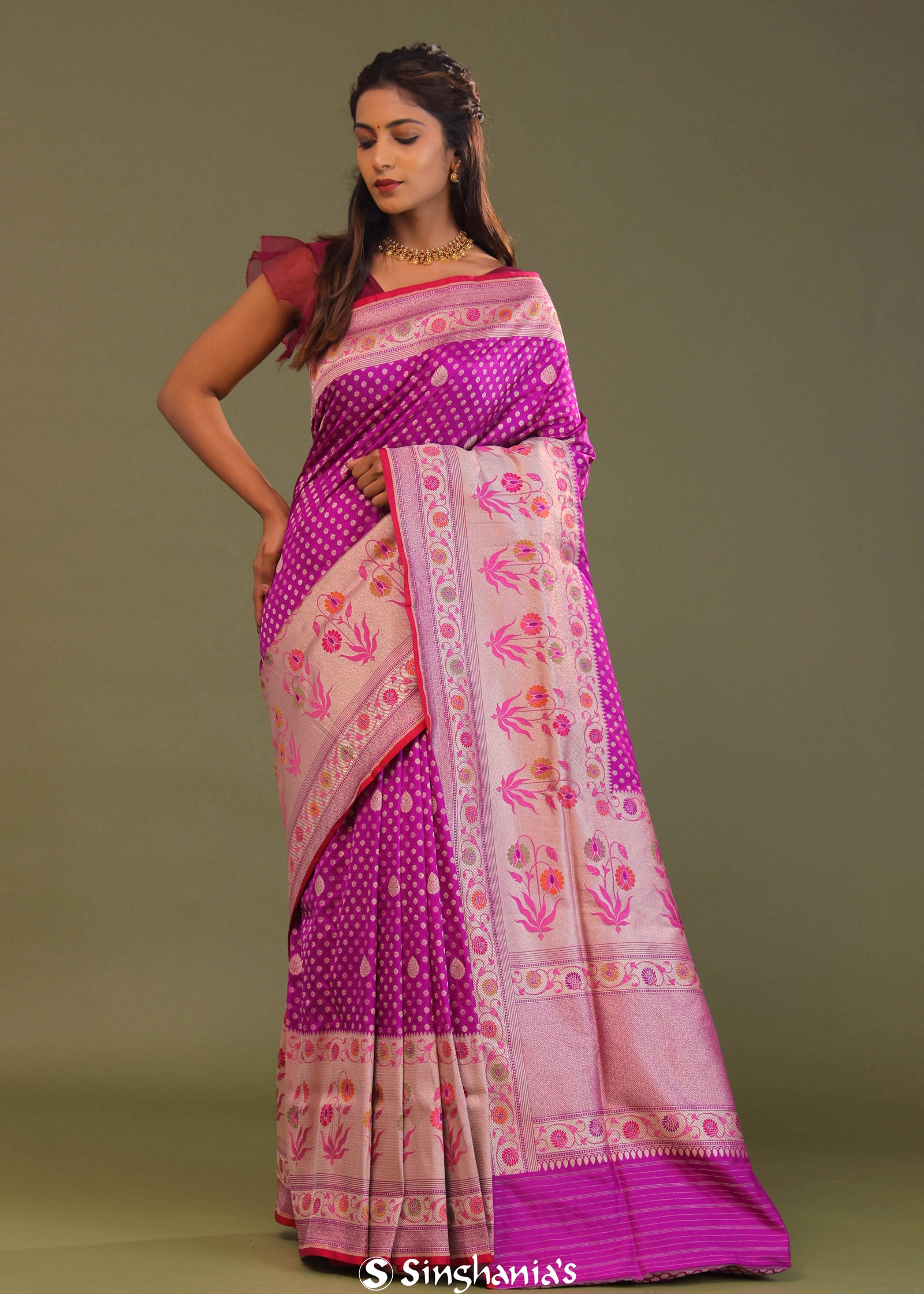Fushcia Purple Banarasi Saree With Jamdani Pallu And Border Weaving
