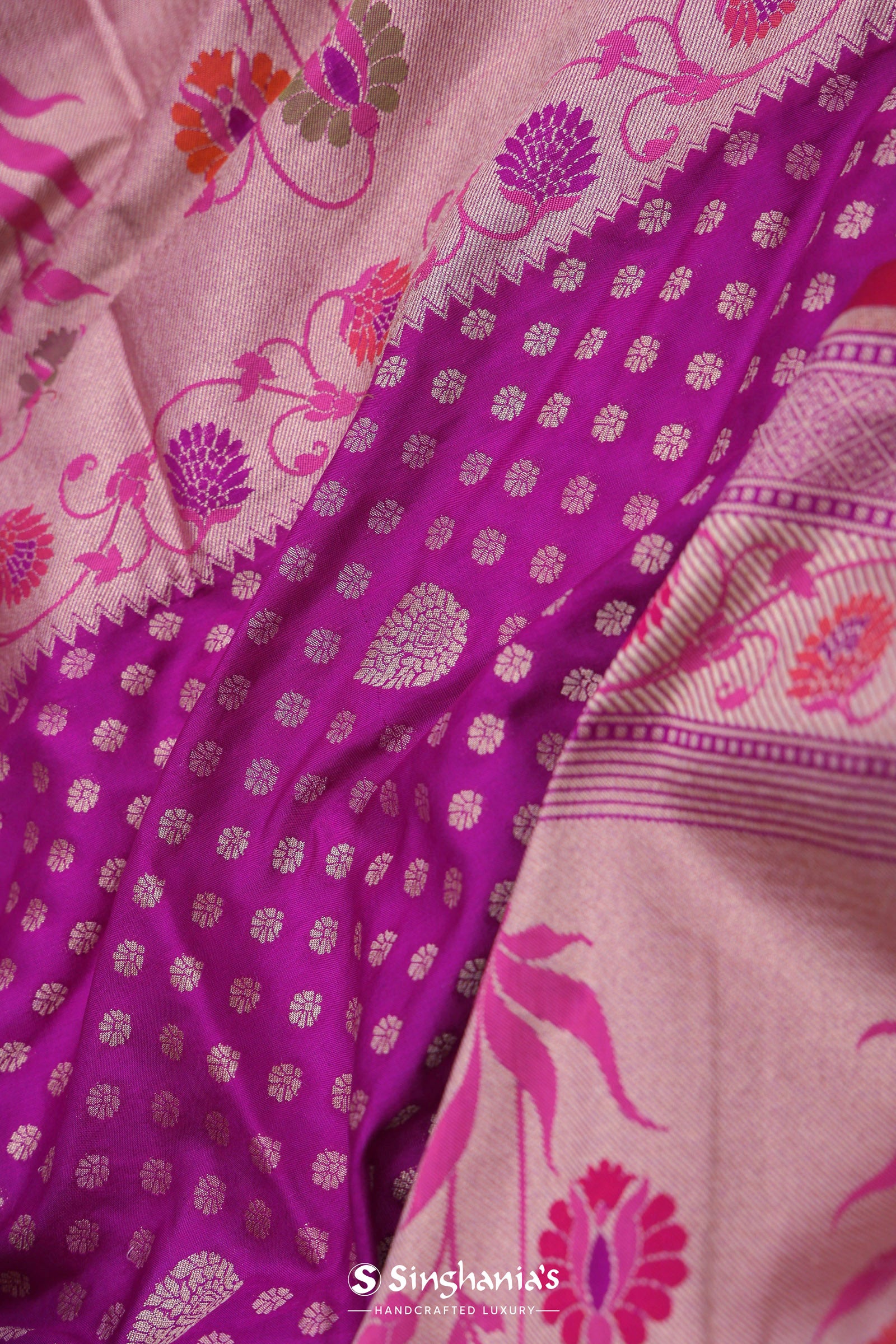 Fushcia Purple Banarasi Saree With Jamdani Pallu And Border Weaving