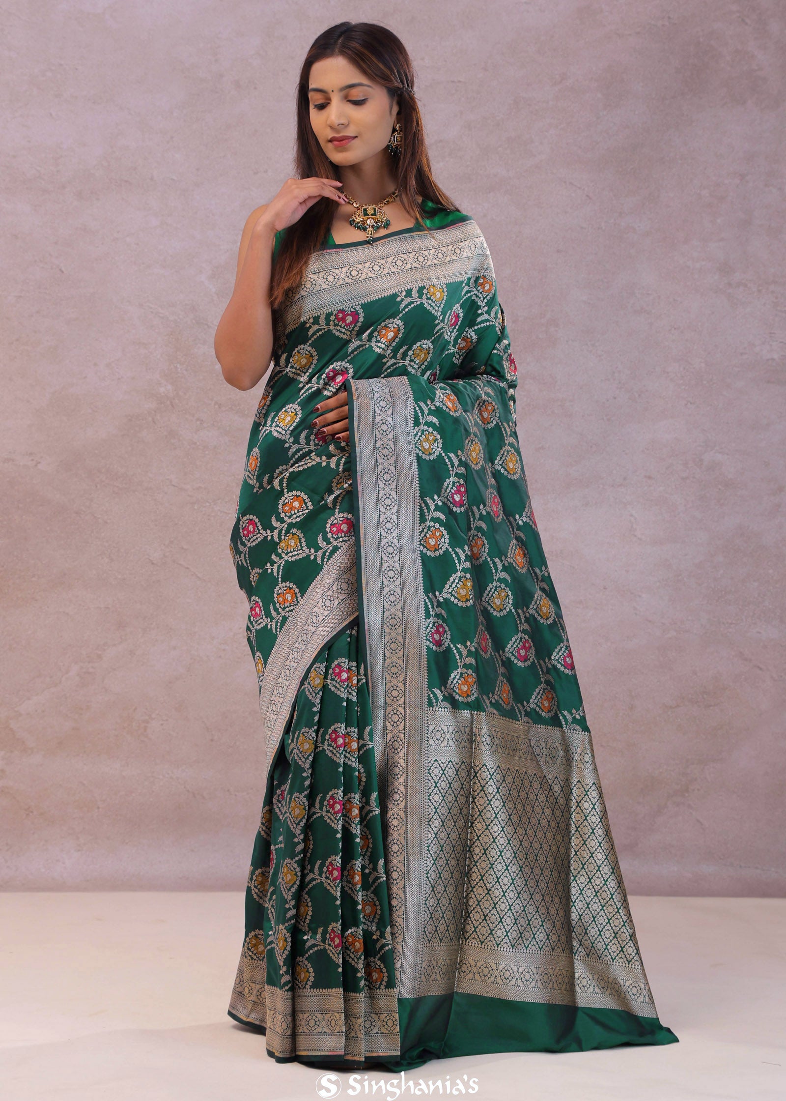 Bottle Green Banarasi Silk Saree With Meenakari Design
