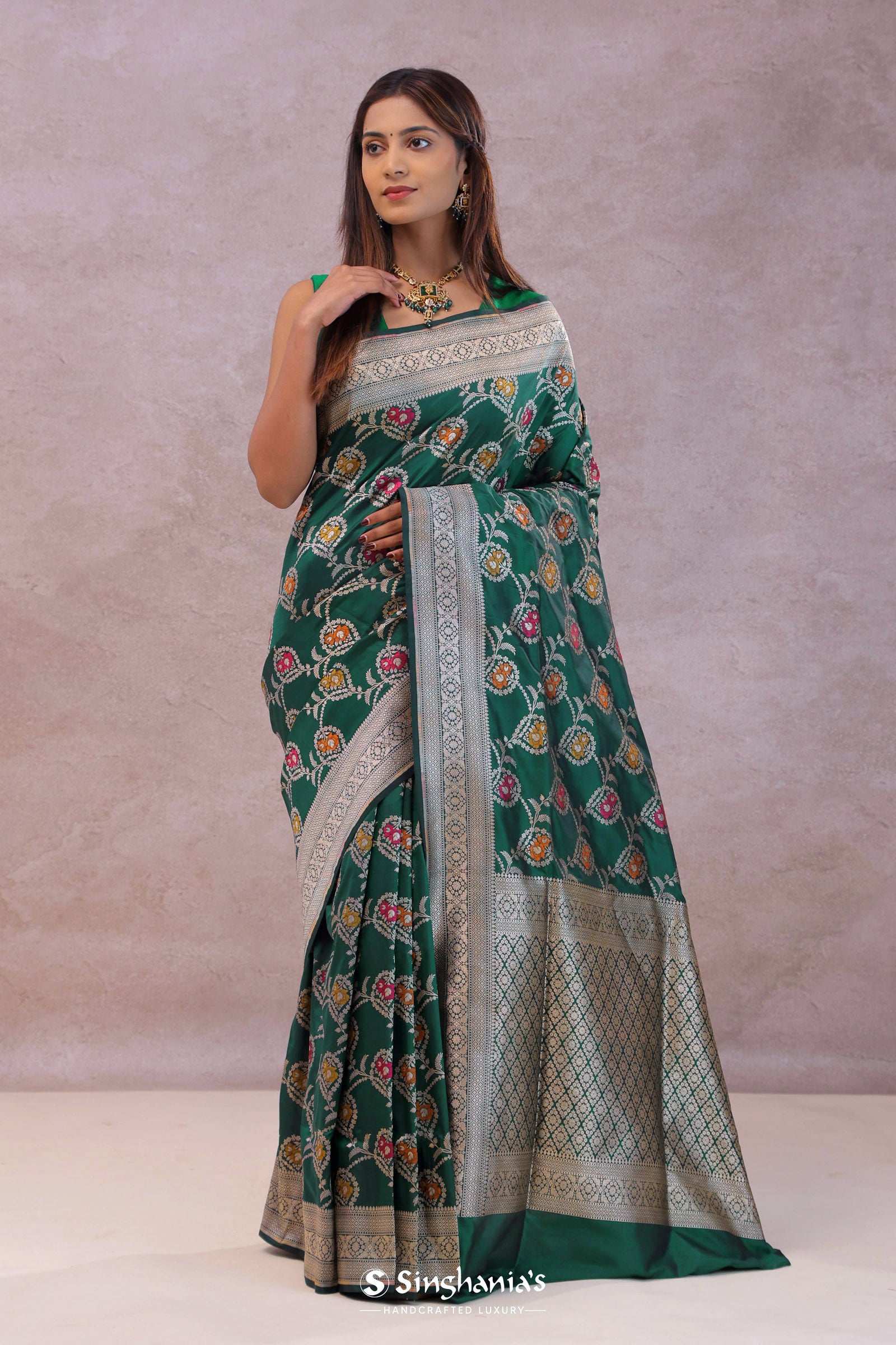 Bottle Green Banarasi Silk Saree With Meenakari Design