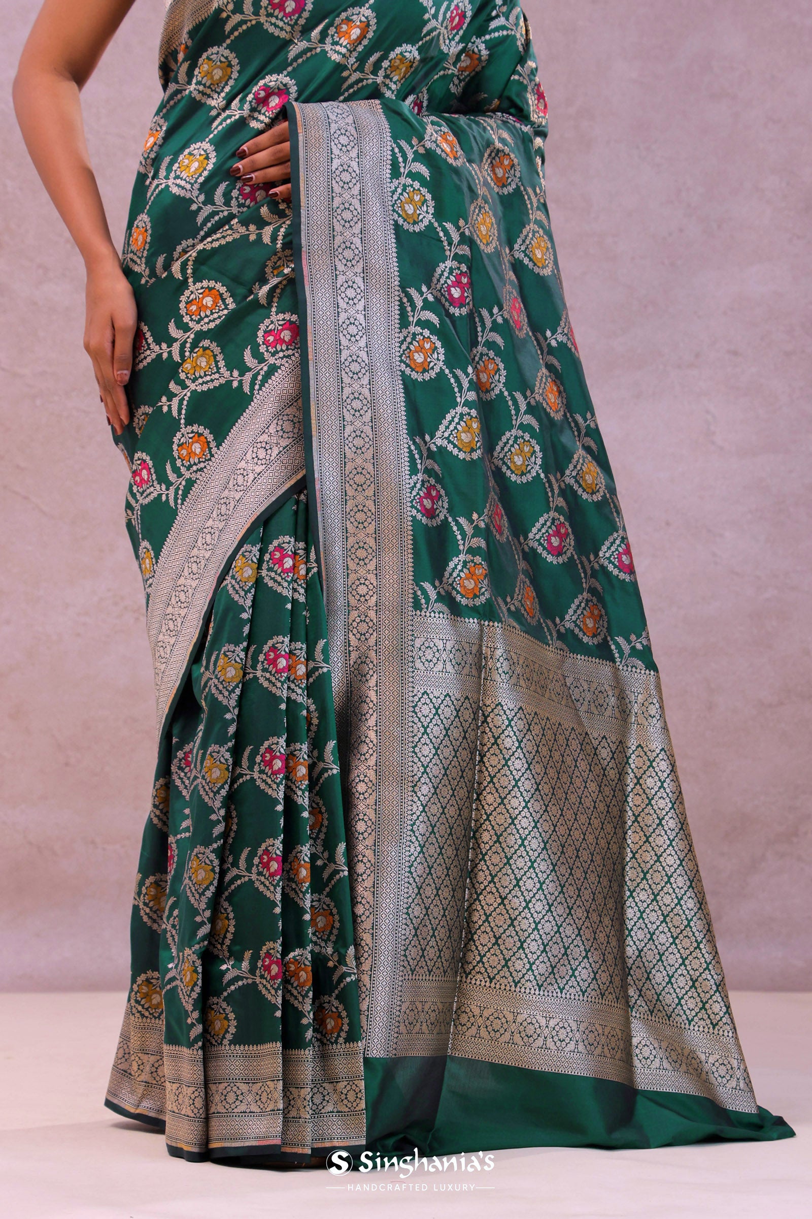 Bottle Green Banarasi Silk Saree With Meenakari Design