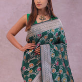 Bottle Green Banarasi Silk Saree With Meenakari Design