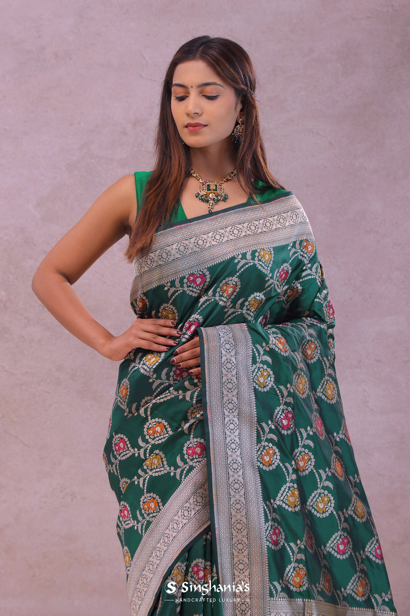 Bottle Green Banarasi Silk Saree With Meenakari Design