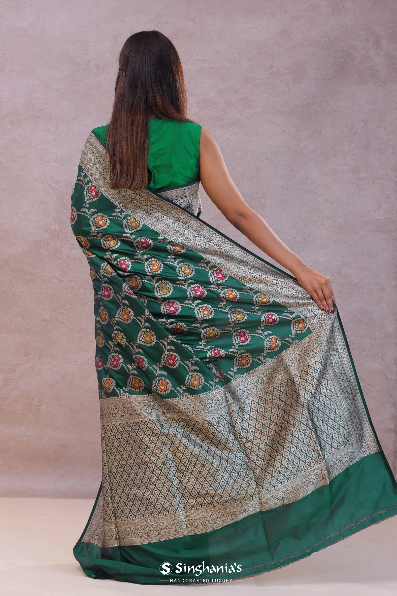 Bottle Green Banarasi Silk Saree With Meenakari Design