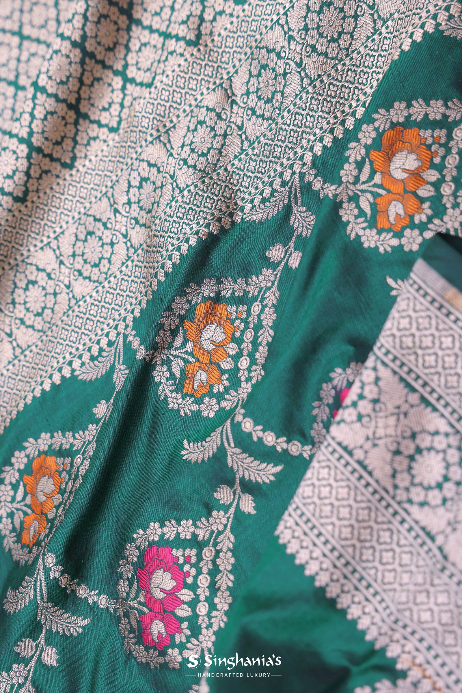 Bottle Green Banarasi Silk Saree With Meenakari Design