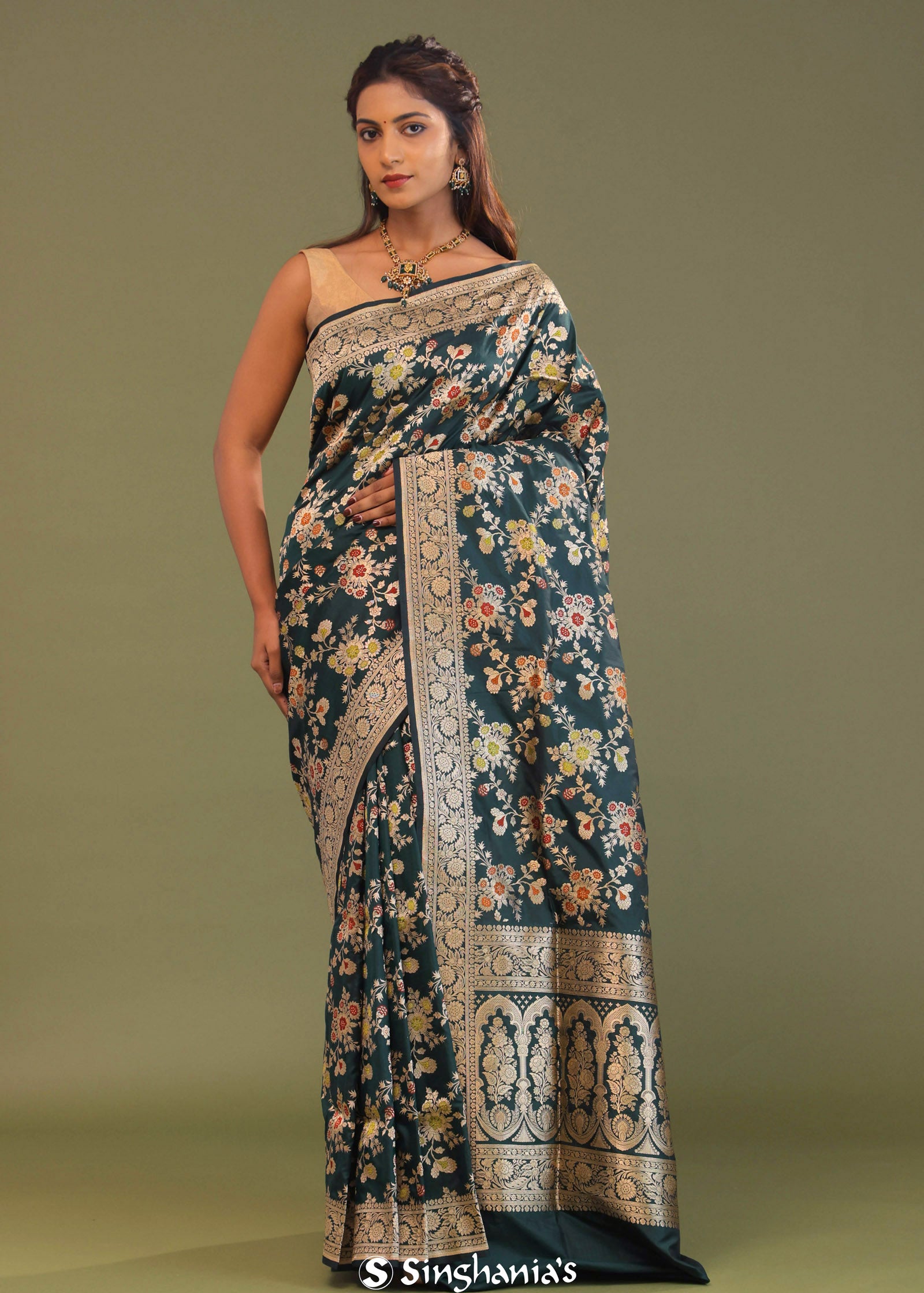 Dark Green Banarasi Saree With Meenakari Design