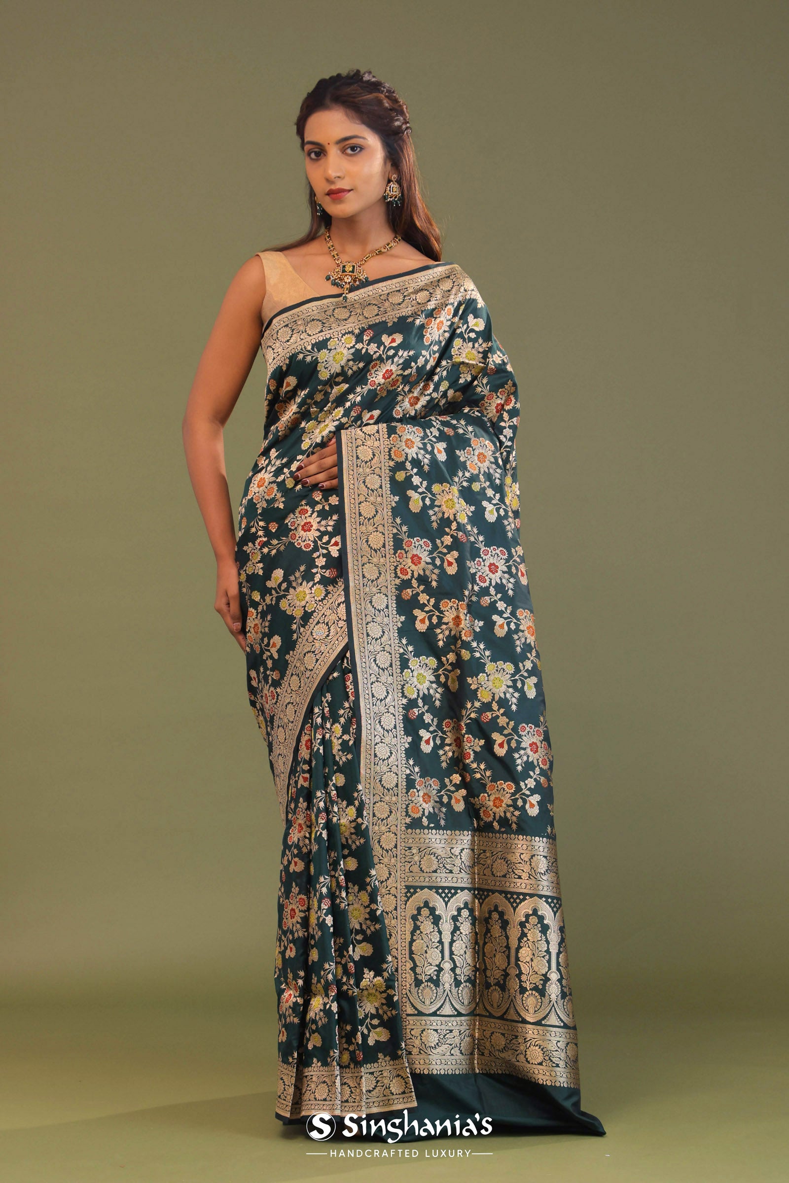 Dark Green Banarasi Saree With Meenakari Design