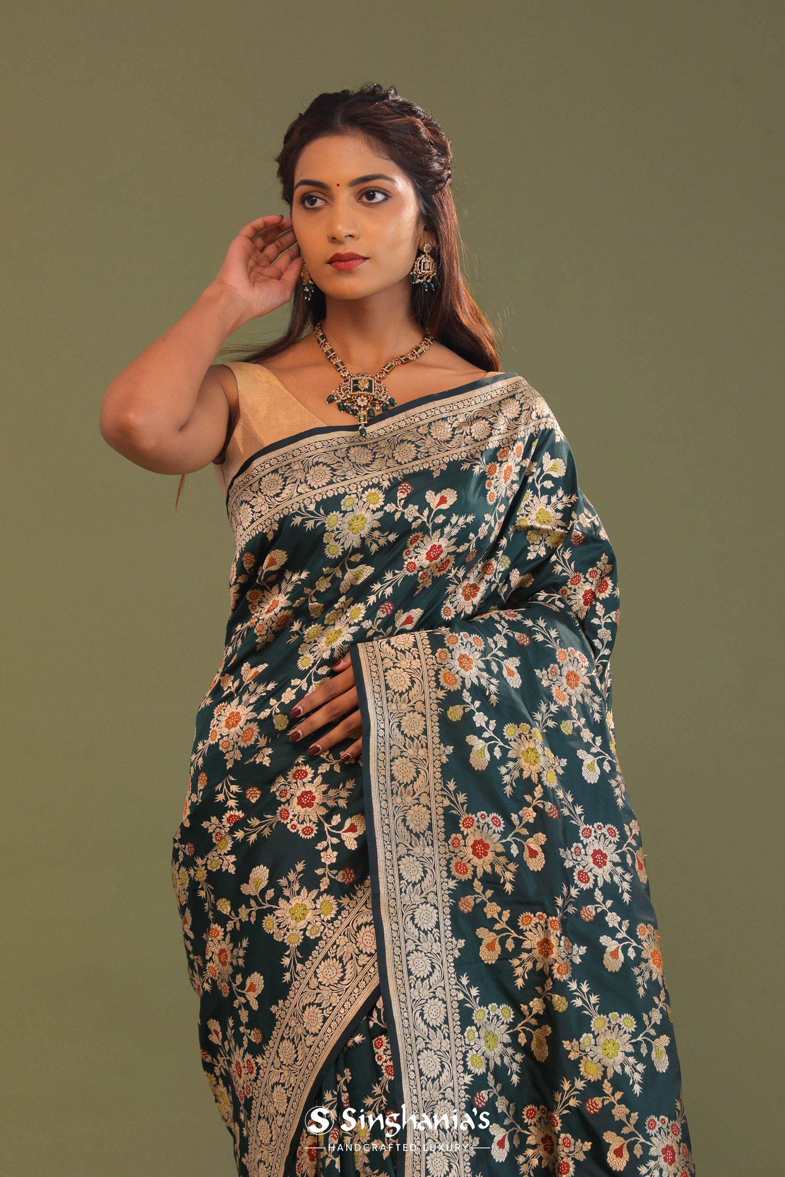 Dark Green Banarasi Saree With Meenakari Design