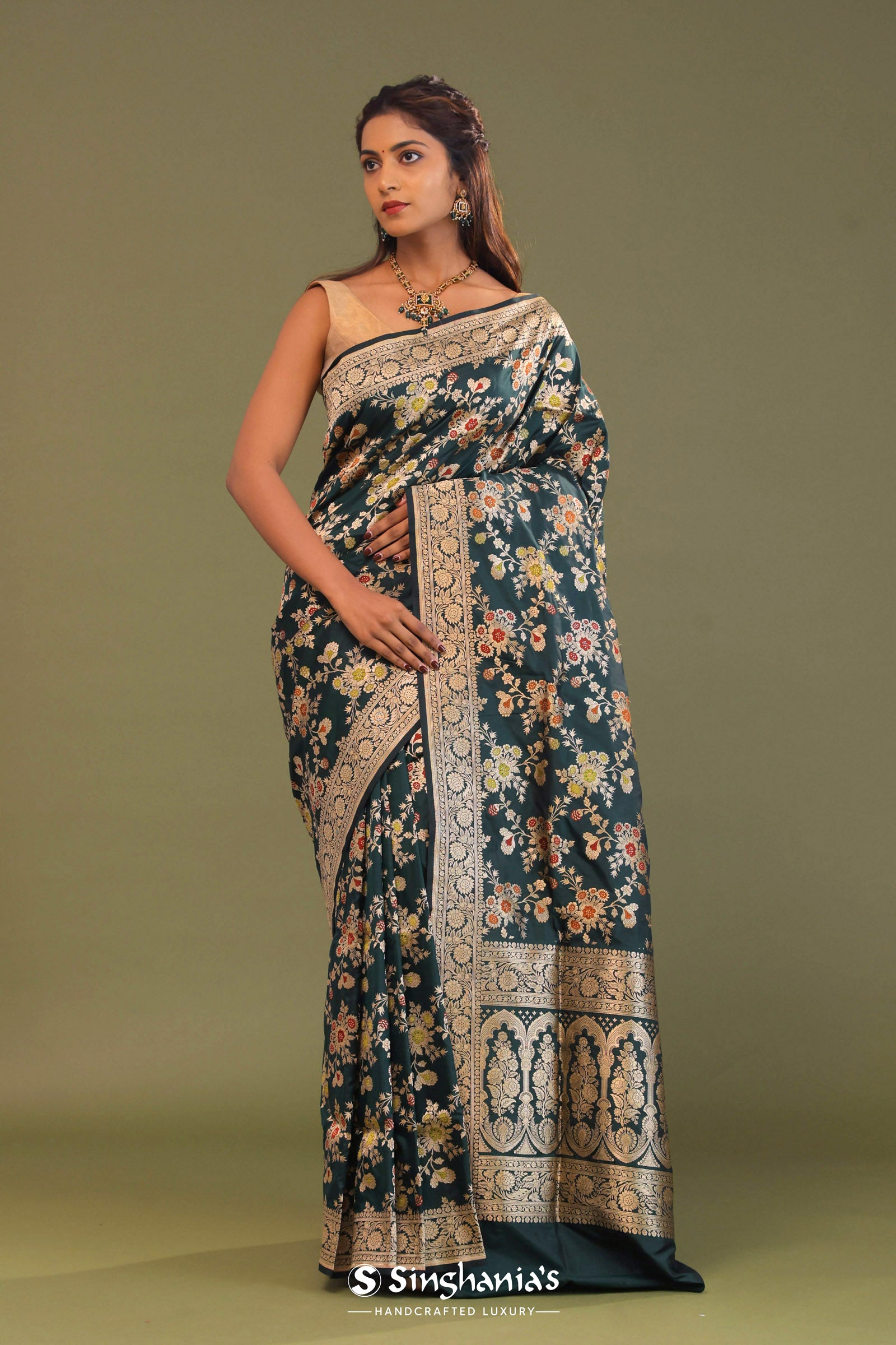 Dark Green Banarasi Saree With Meenakari Design