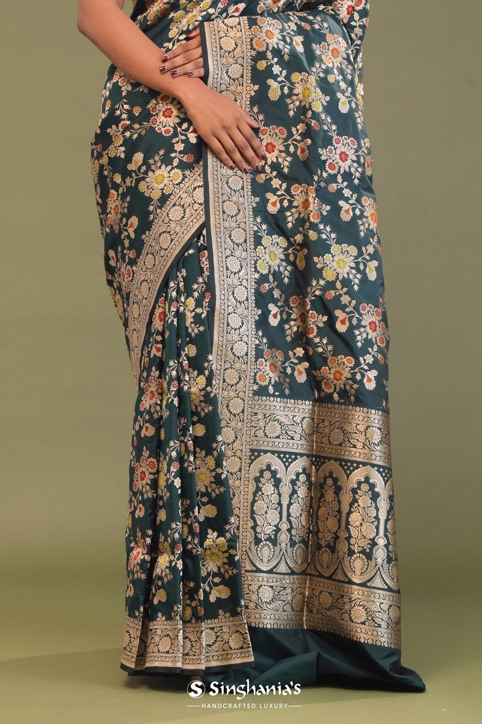 Dark Green Banarasi Saree With Meenakari Design