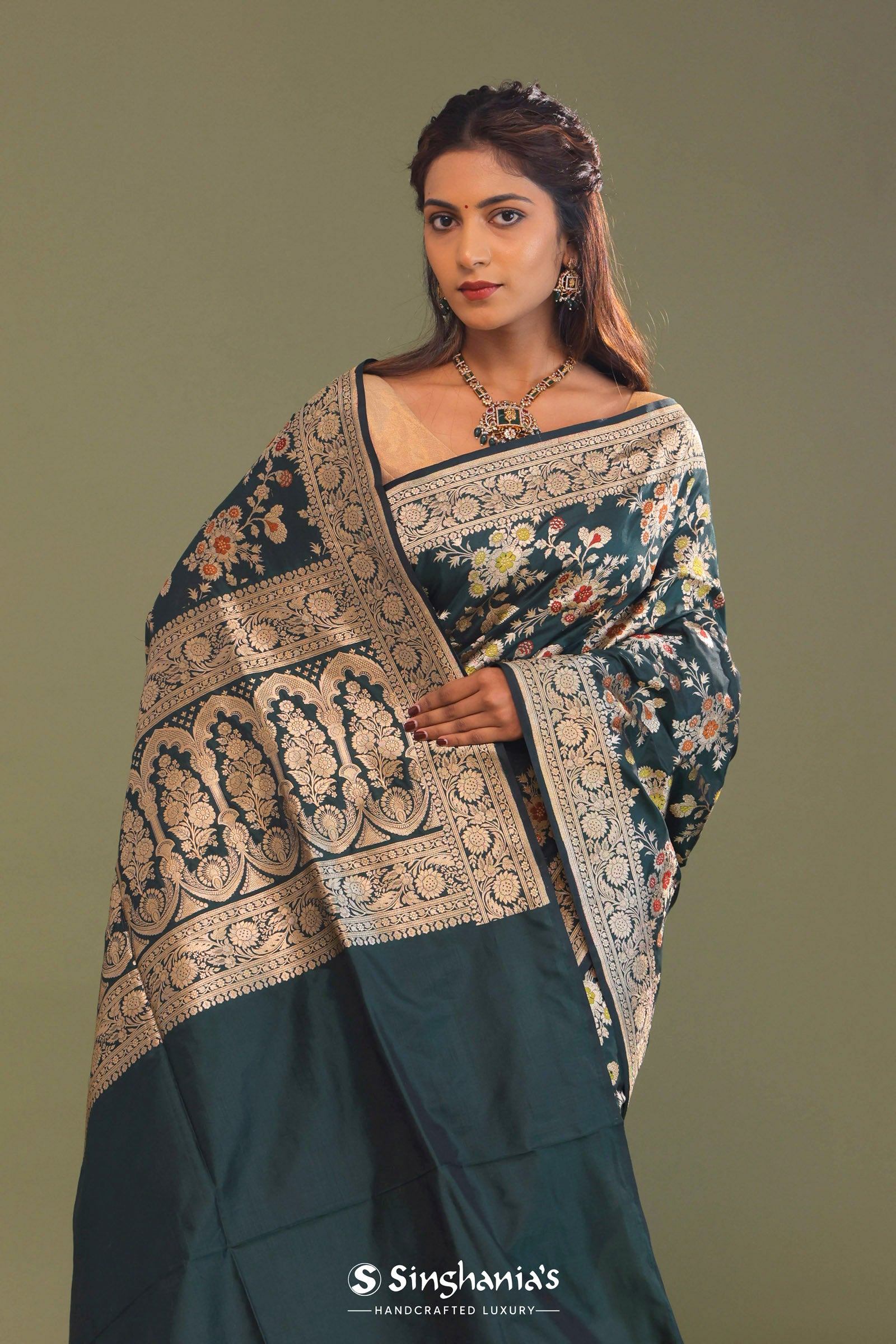 Dark Green Banarasi Saree With Meenakari Design