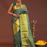 Bottle Green Kanjivaram Saree With Gold Zari Border