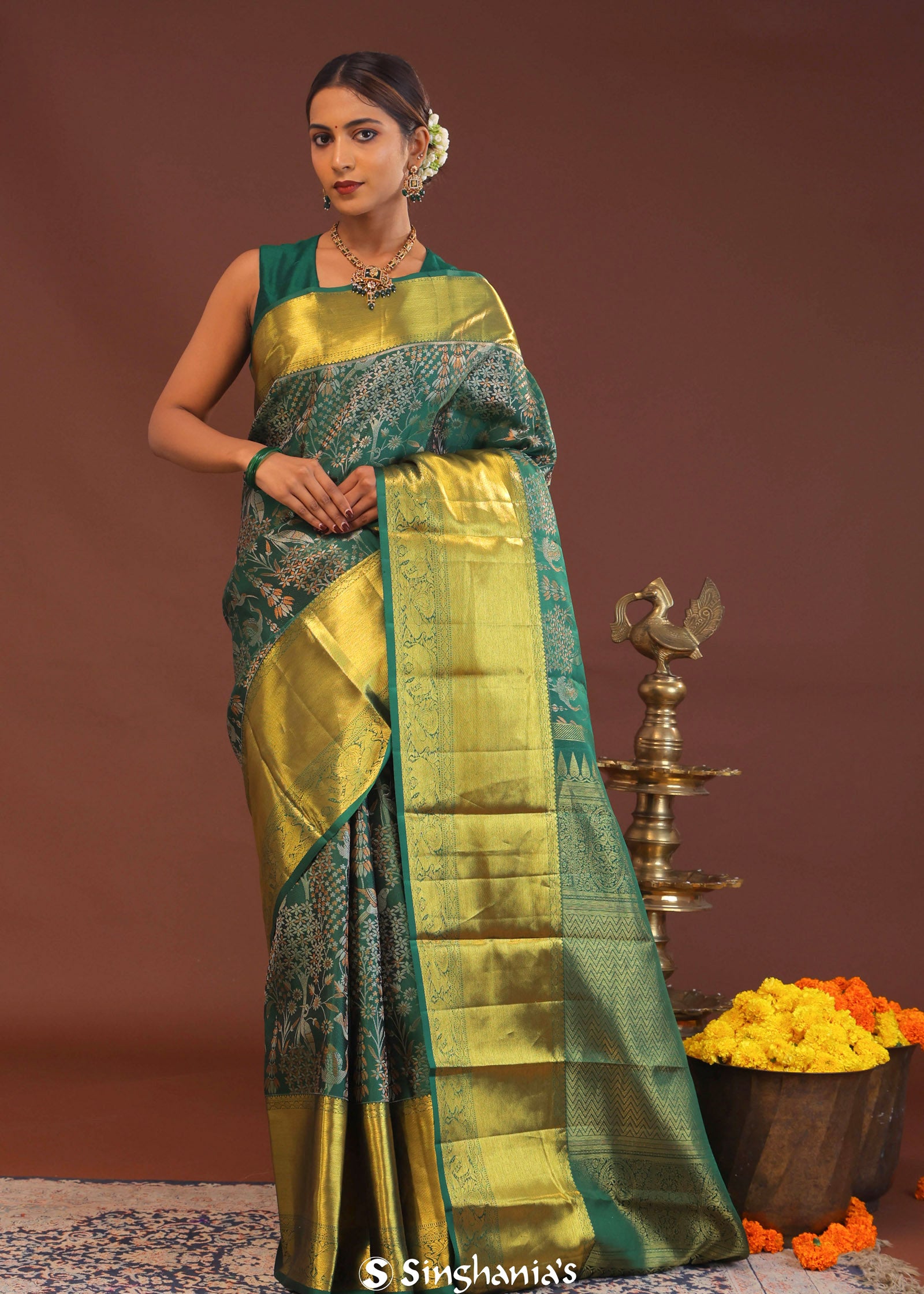 Bottle Green Kanjivaram Saree With Gold Zari Border