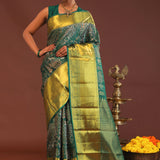 Bottle Green Kanjivaram Saree With Gold Zari Border