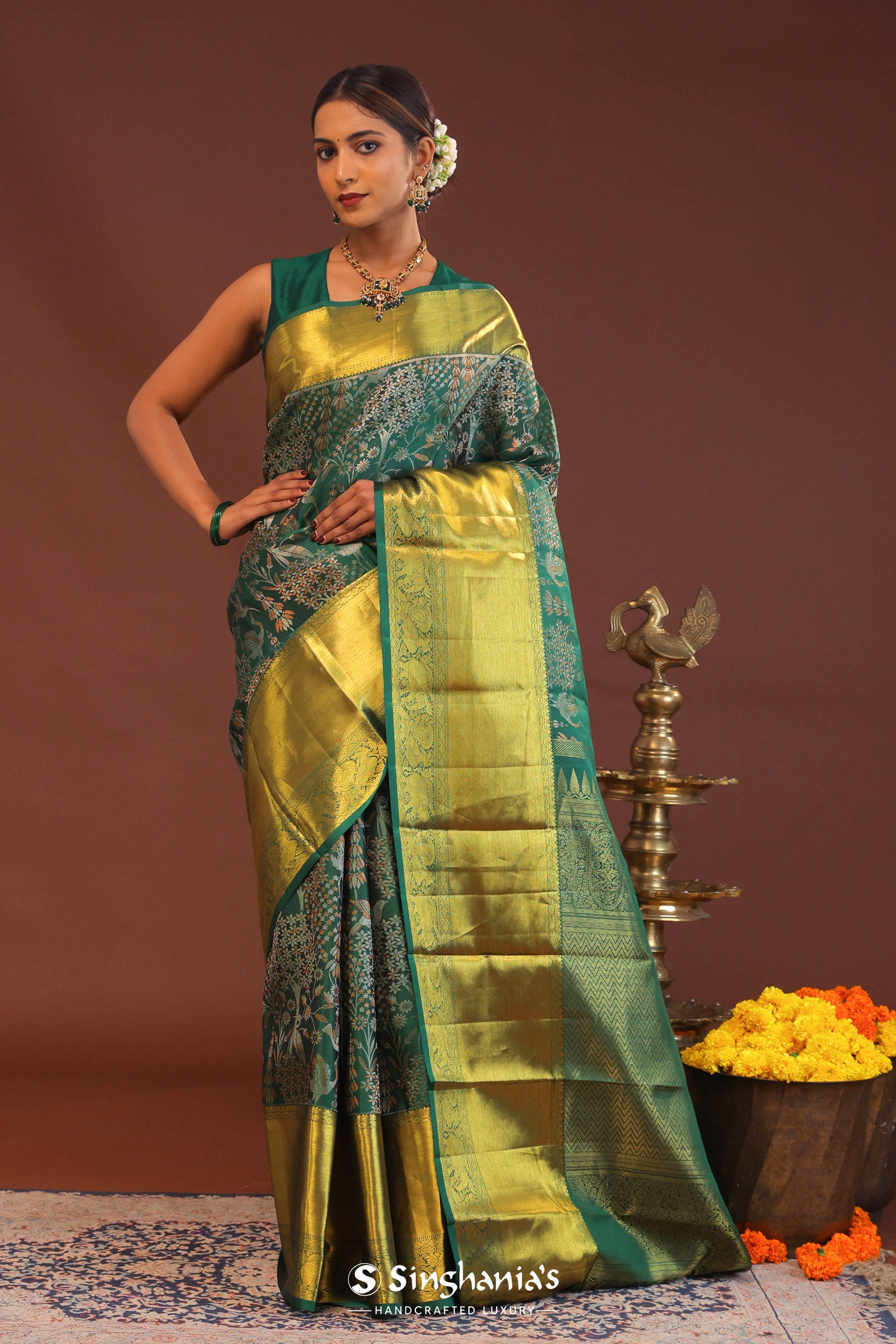 Bottle Green Kanjivaram Saree With Gold Zari Border