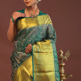 Bottle Green Kanjivaram Saree With Gold Zari Border