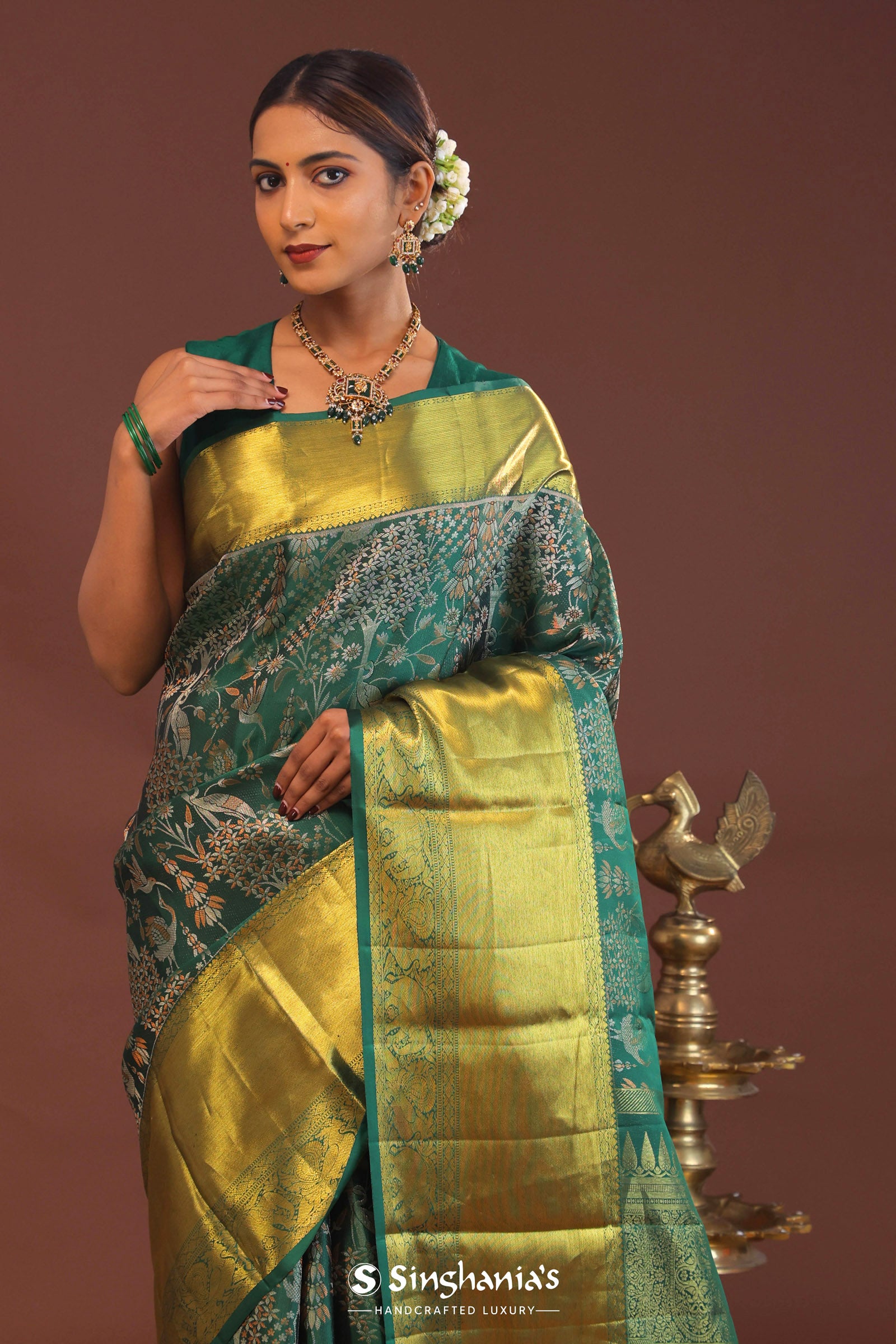 Bottle Green Kanjivaram Saree With Gold Zari Border