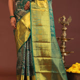 Bottle Green Kanjivaram Saree With Gold Zari Border