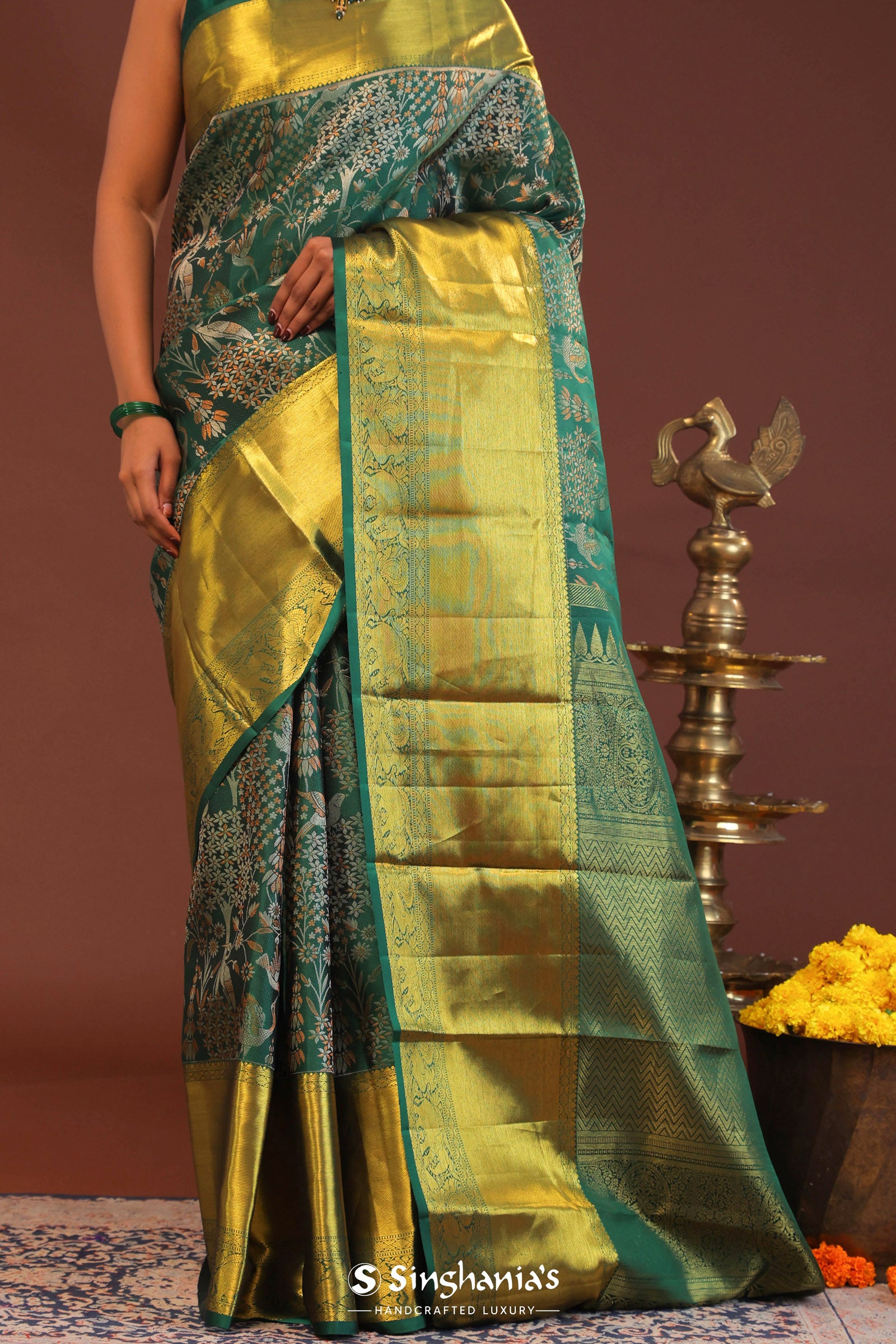 Bottle Green Kanjivaram Saree With Gold Zari Border