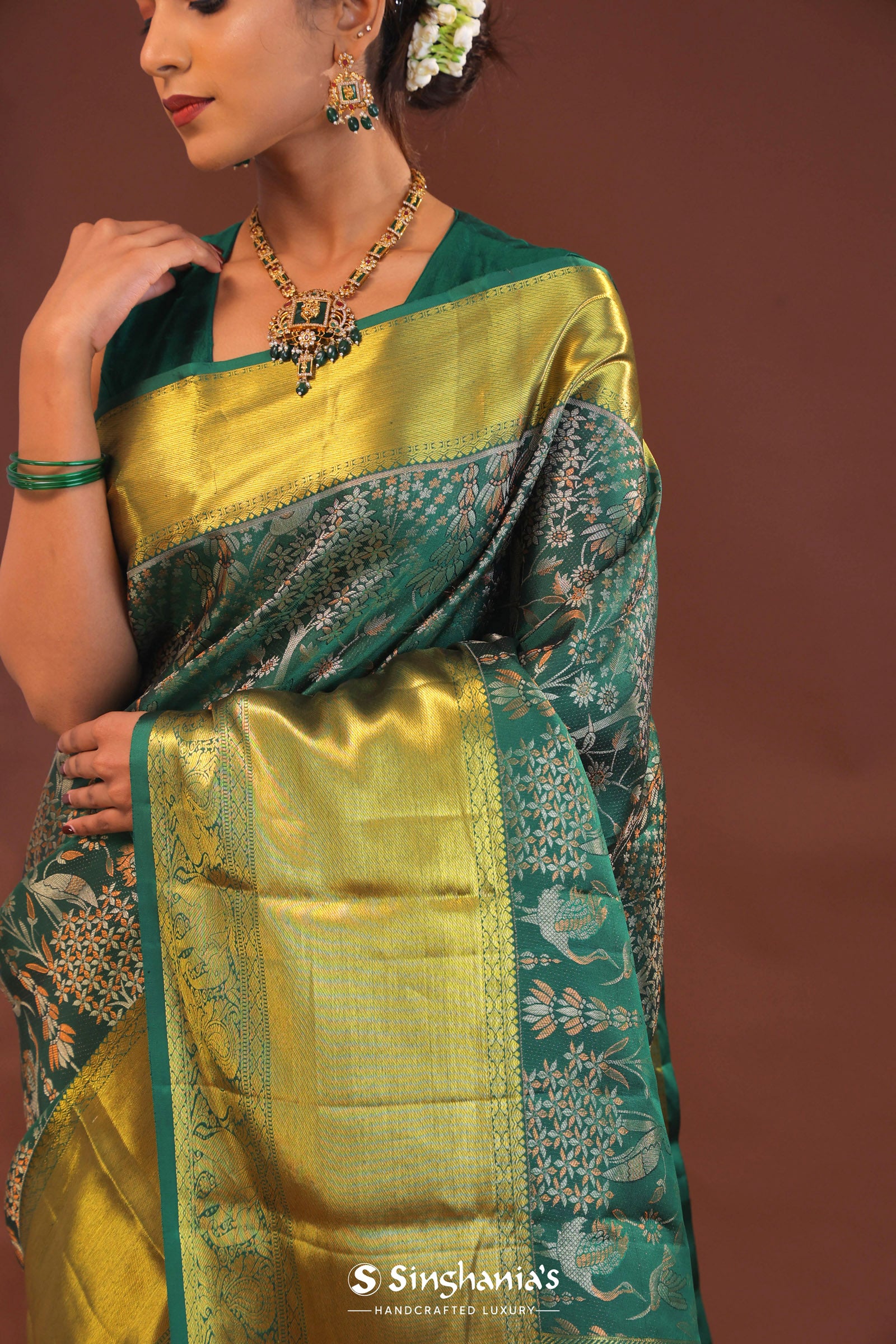 Bottle Green Kanjivaram Saree With Gold Zari Border