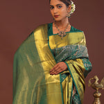 Bottle Green Kanjivaram Saree With Gold Zari Border