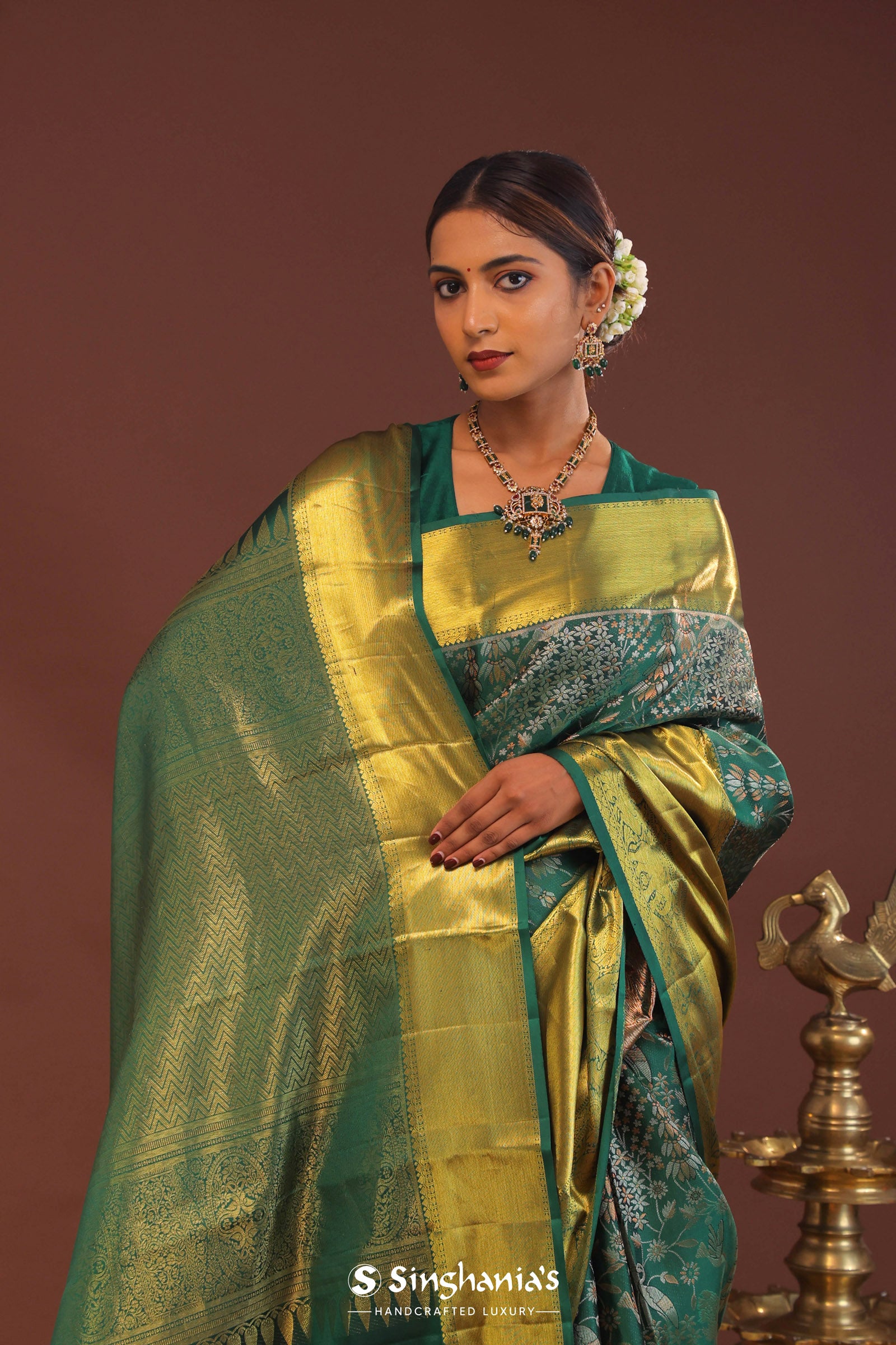 Bottle Green Kanjivaram Saree With Gold Zari Border