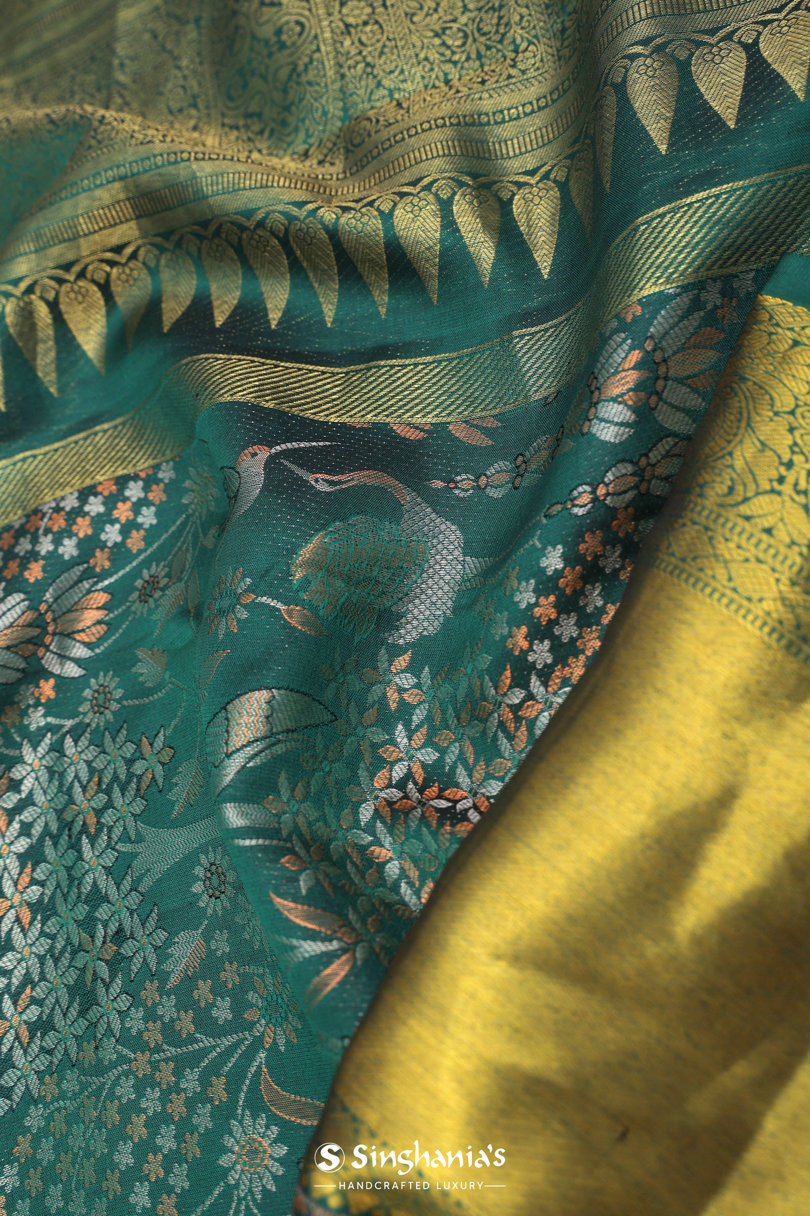 Bottle Green Kanjivaram Saree With Gold Zari Border