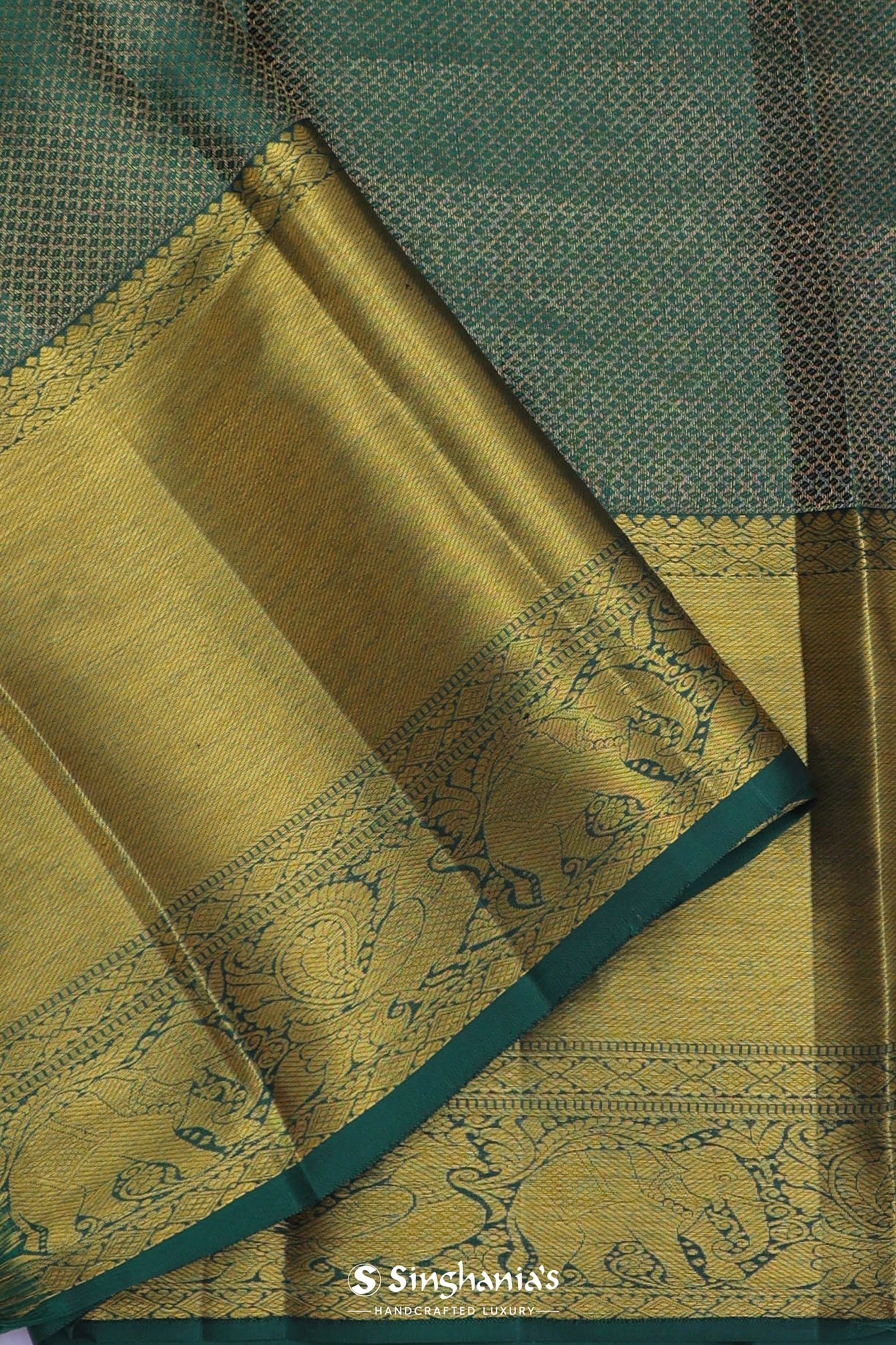 Bottle Green Kanjivaram Saree With Gold Zari Border