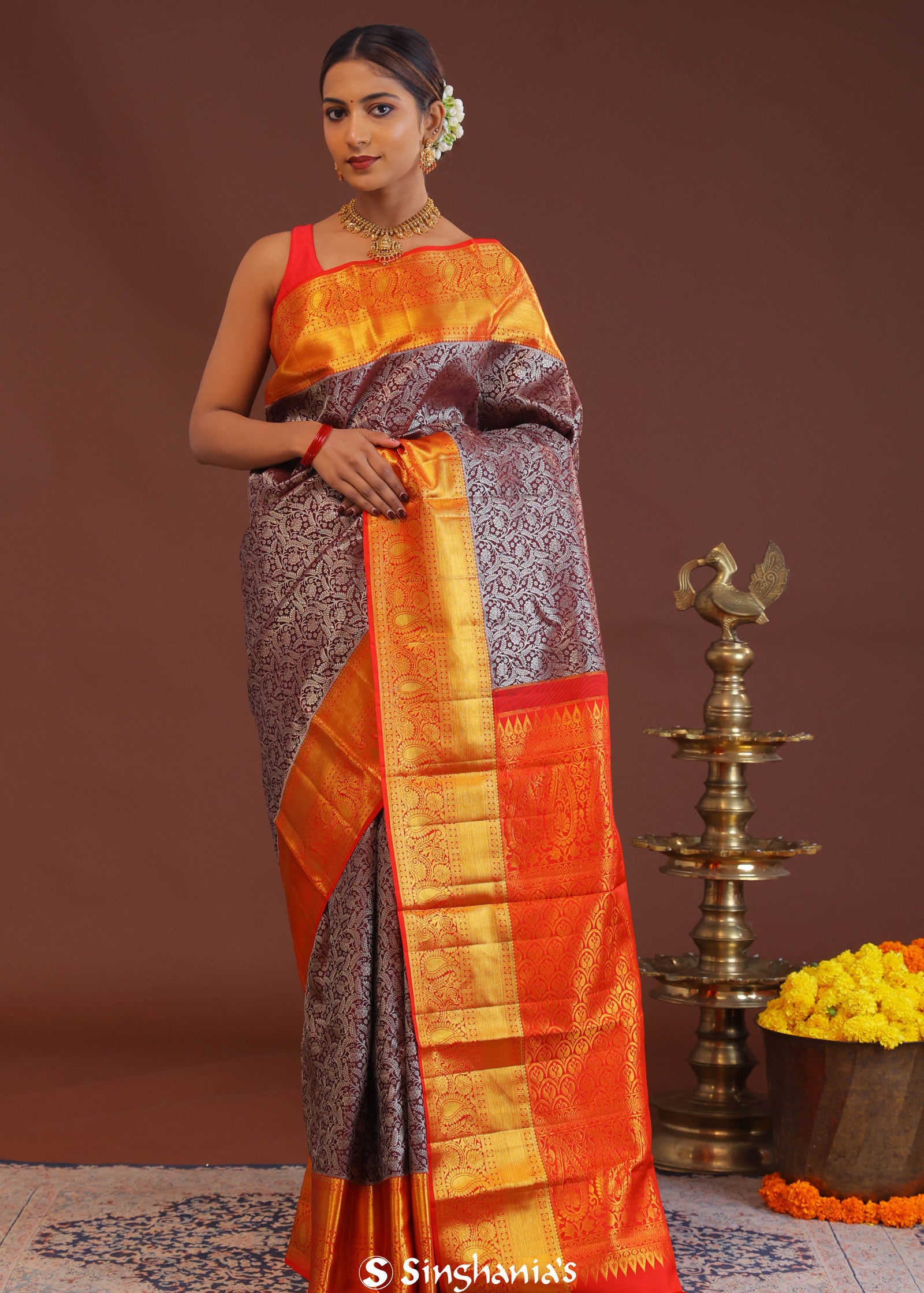 Maroon Kanjivaram Saree With Contrast Red Border