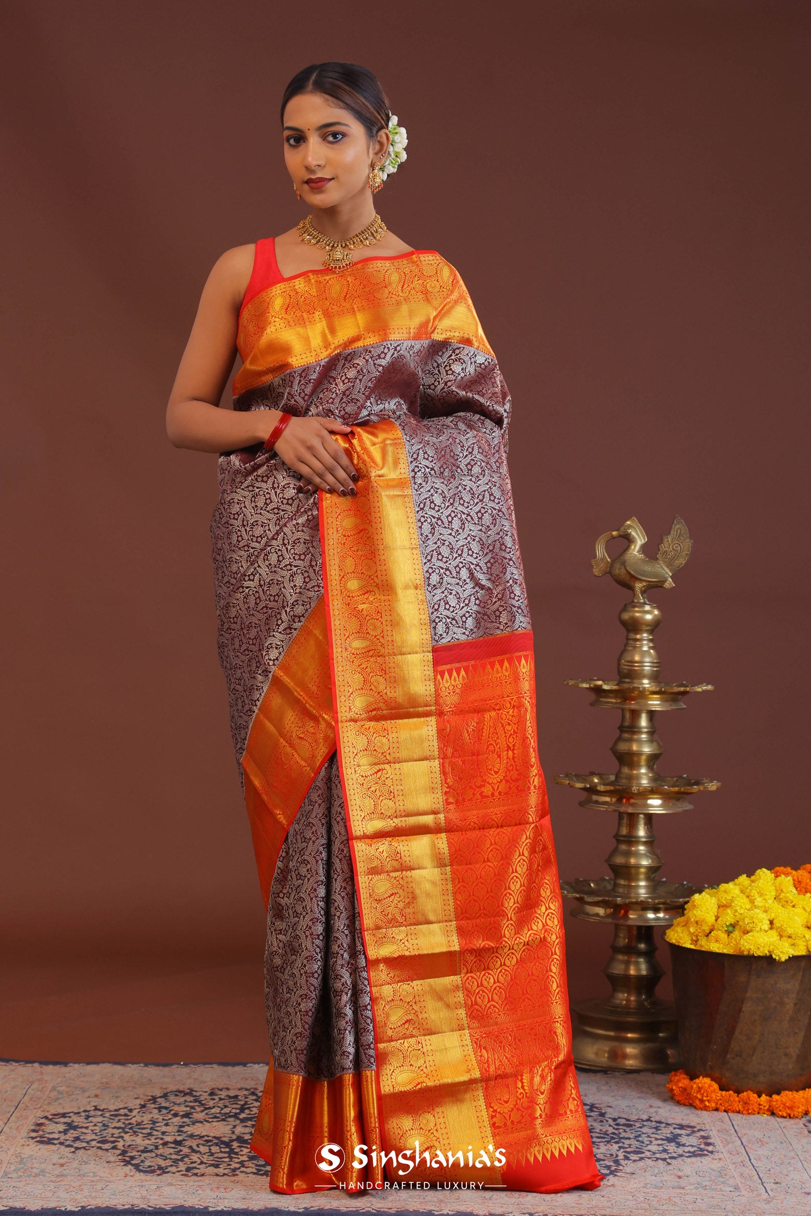 Maroon Kanjivaram Saree With Contrast Red Border