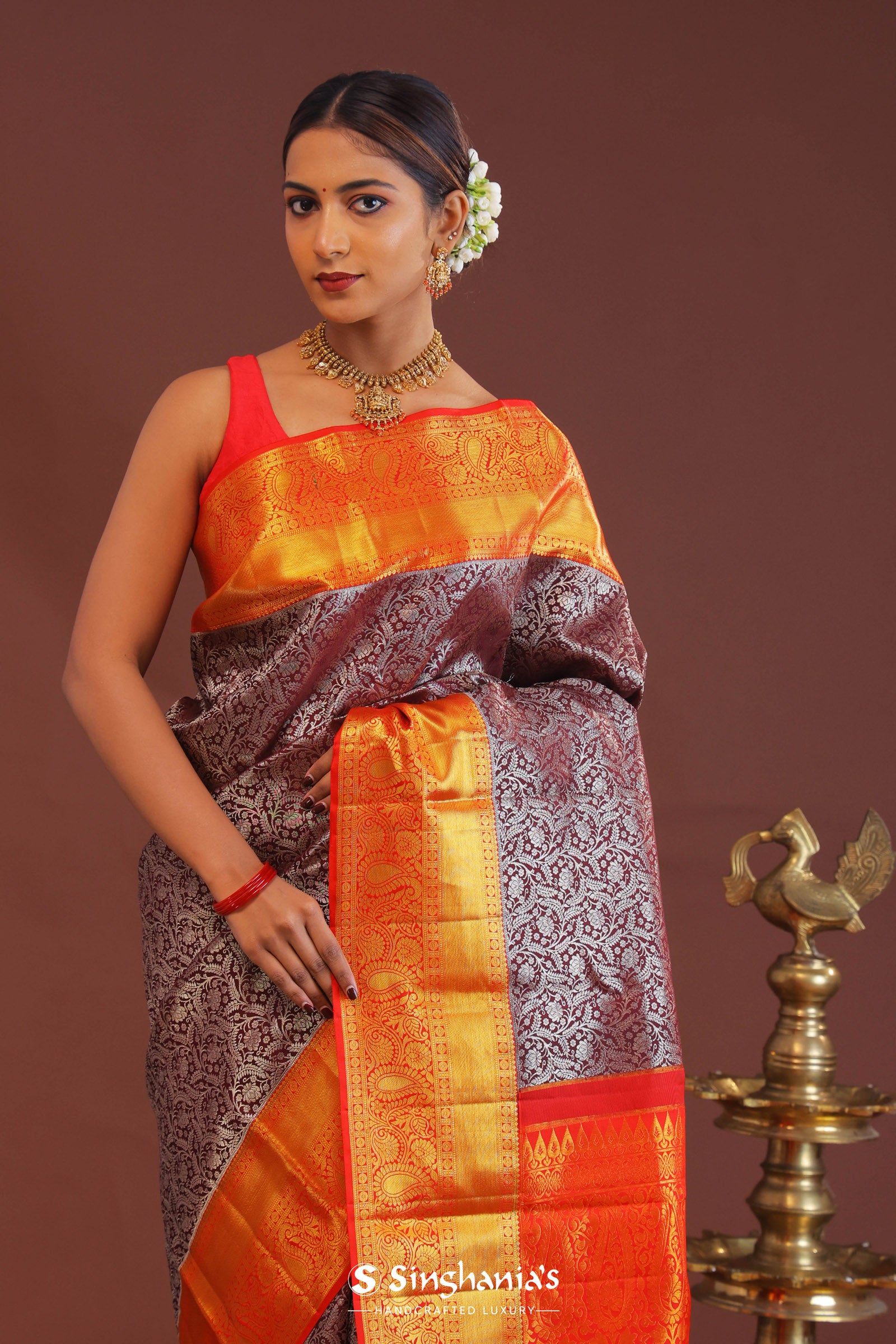 Maroon Kanjivaram Saree With Contrast Red Border