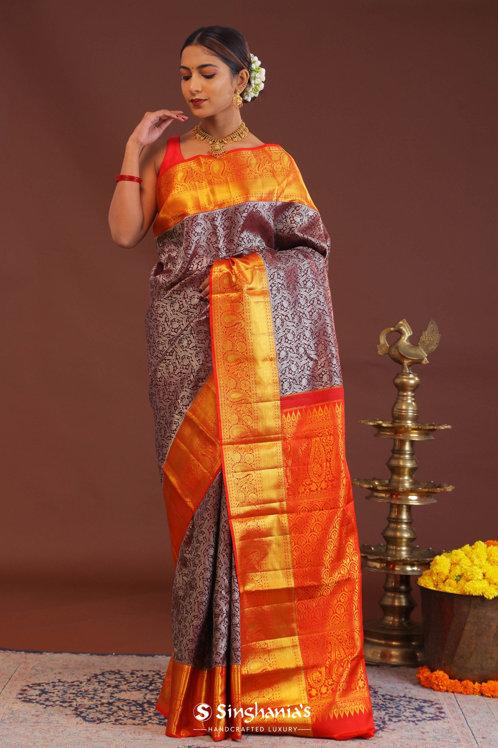 Maroon Kanjivaram Saree With Contrast Red Border