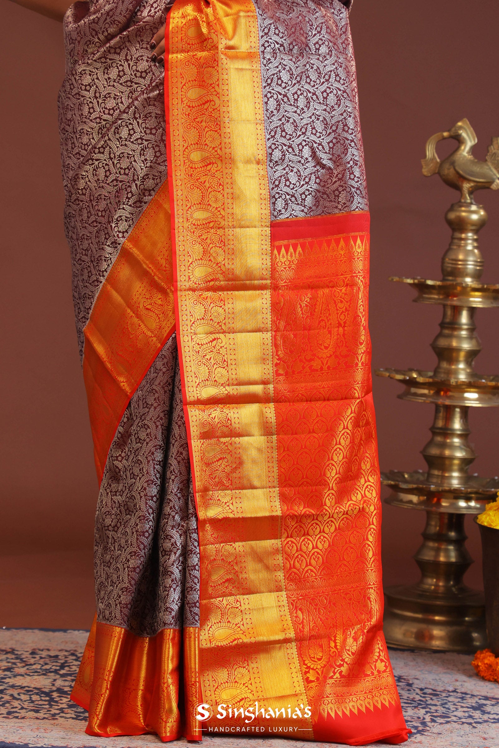 Maroon Kanjivaram Saree With Contrast Red Border