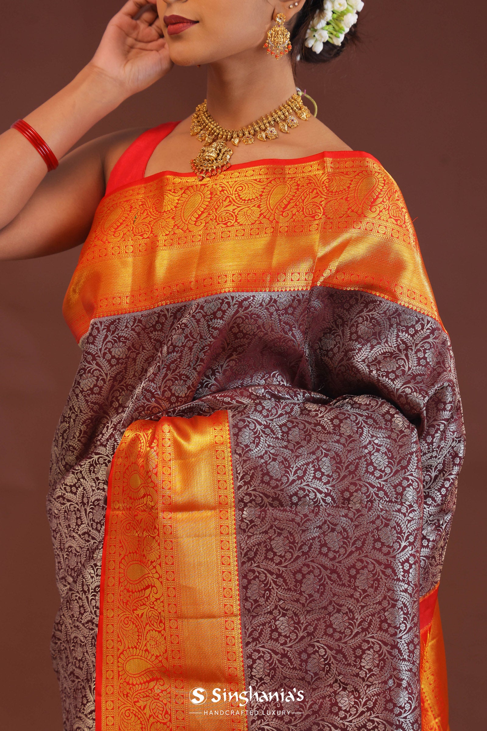 Maroon Kanjivaram Saree With Contrast Red Border