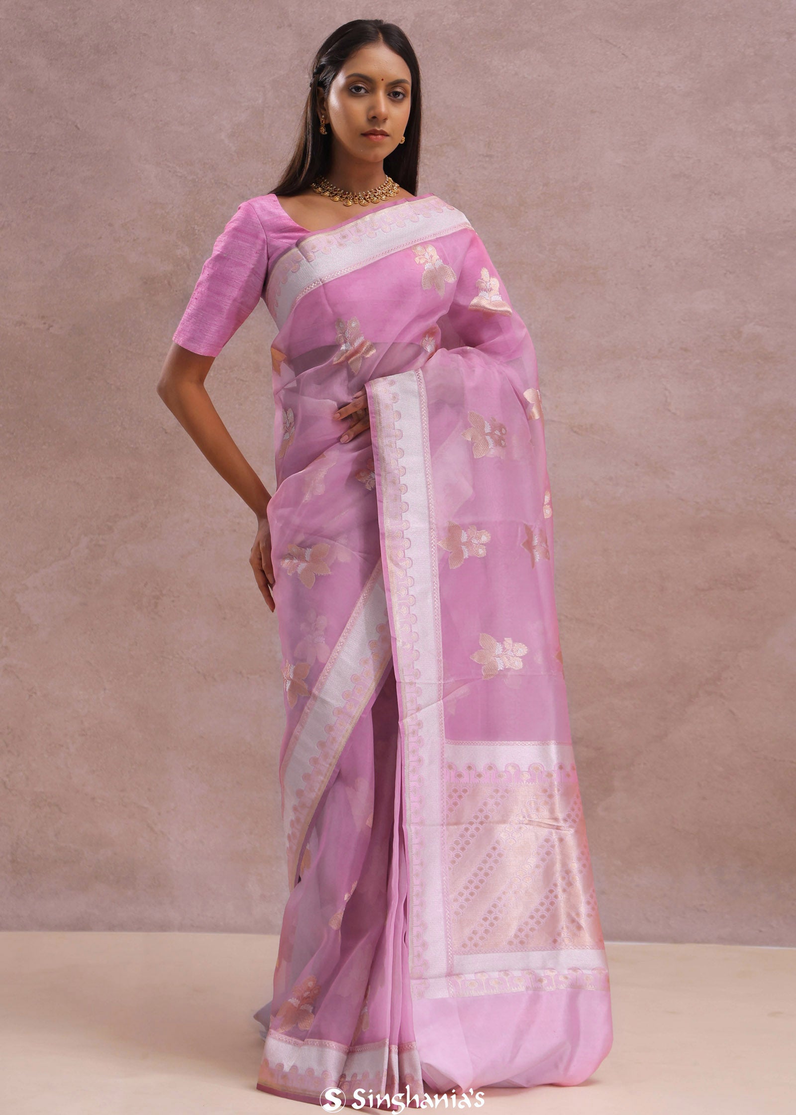 Pink Organza Banarasi Saree With Butta'S